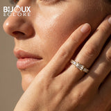 Gold Diamond Ring with Emerald Cut Center and Round Pavé Band - Bijoux Eclore