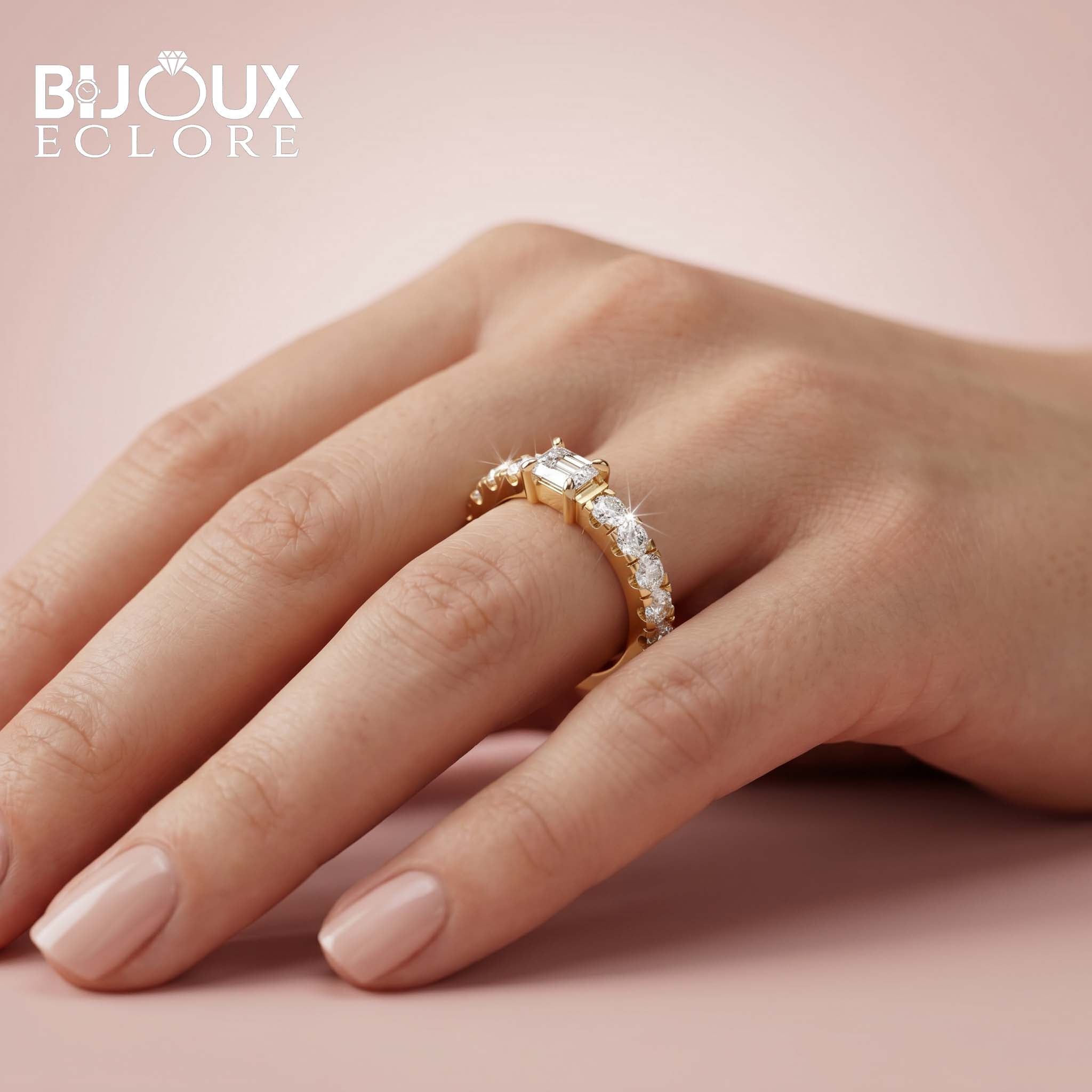 Gold Diamond Ring with Emerald Cut Center and Round Pavé Band - Bijoux Eclore