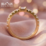 Gold Diamond Ring with Emerald Cut Center and Round Pavé Band - Bijoux Eclore