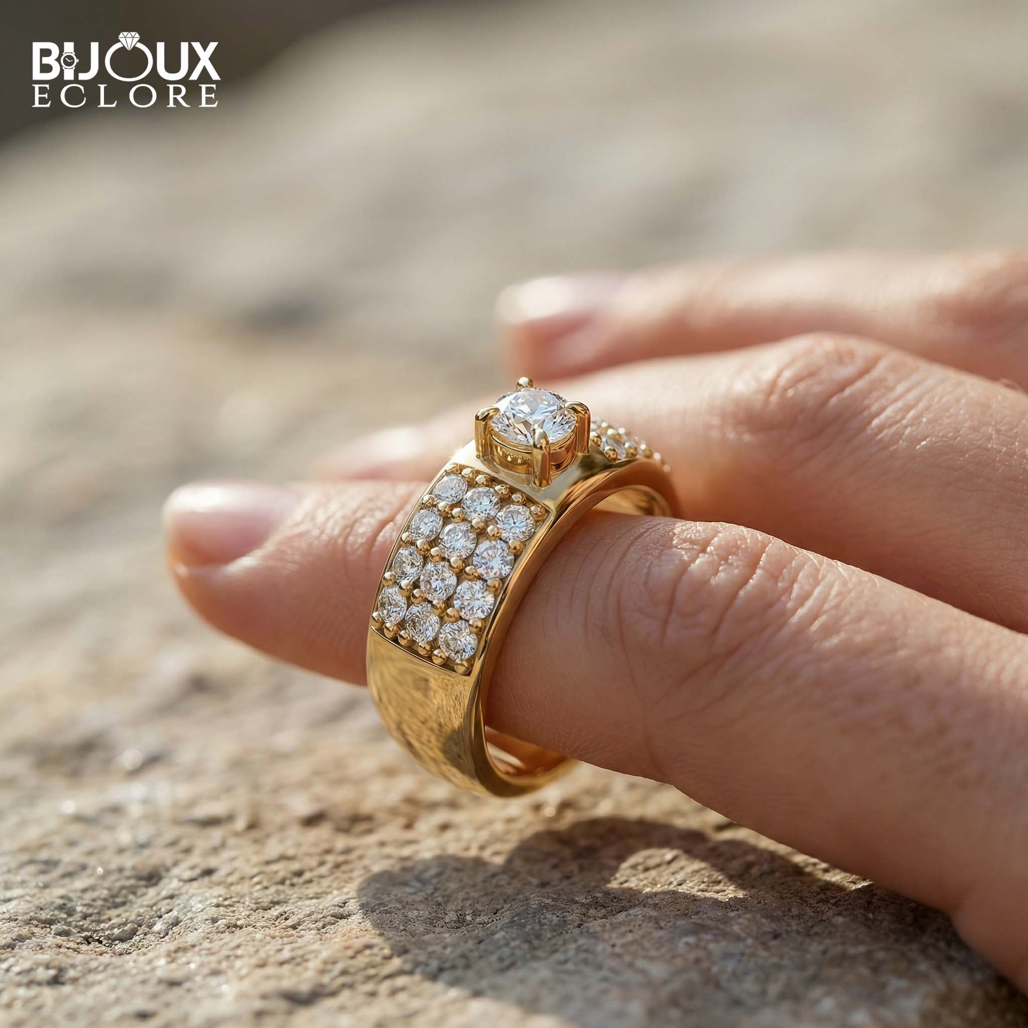 Round-Cut Diamond Surrounded by Pavé Diamonds Set in a Stunning Yellow Gold Band - Bijoux Eclore