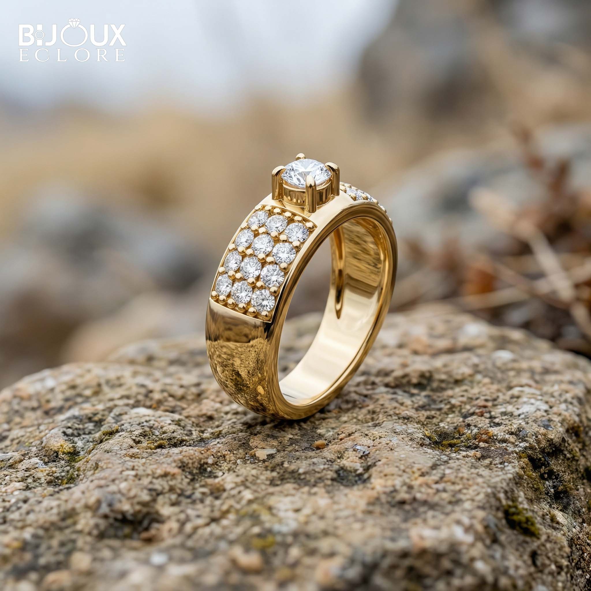 Round-Cut Diamond Surrounded by Pavé Diamonds Set in a Stunning Yellow Gold Band - Bijoux Eclore