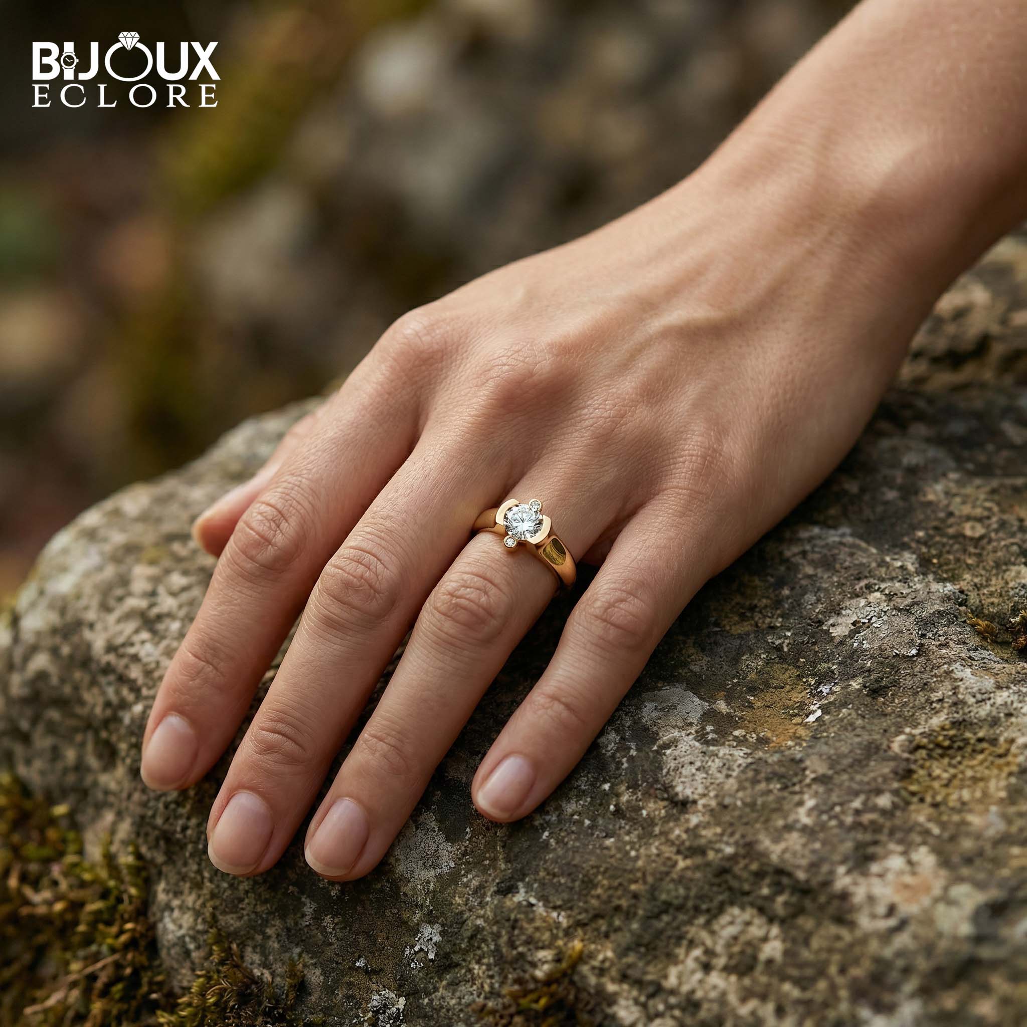 Round Diamond Set Between Two Sparkling Accents on a Beautiful Gold Band - Bijoux Eclore