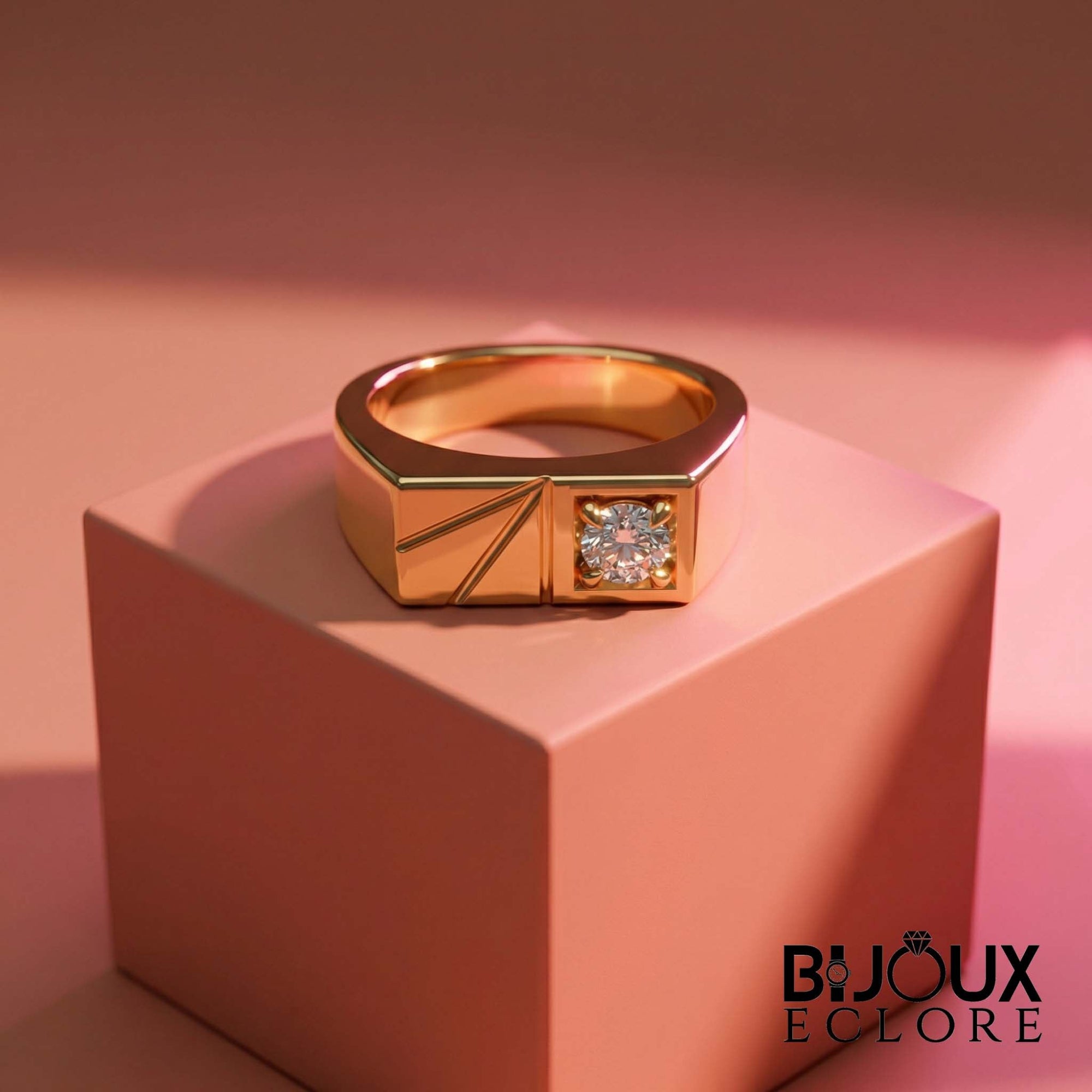 Premium Gold Signet Ring for Women with Modern Engraved Detail and Brilliant Diamond Accent - Bijoux Eclore
