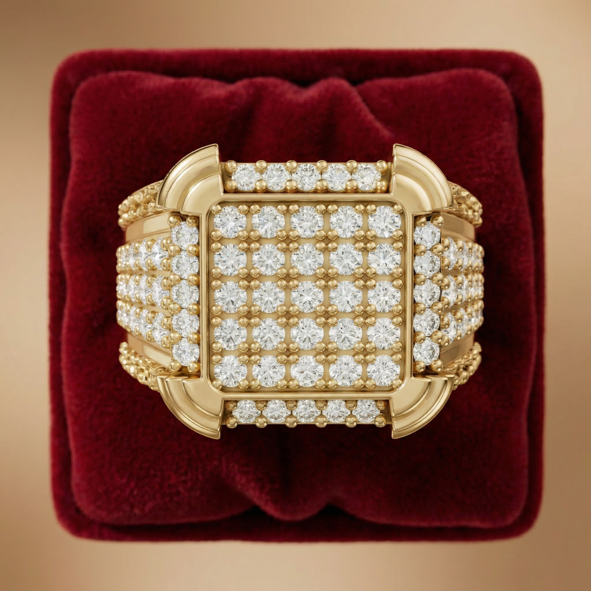 Premium Diamond Cluster Ring in Gold – Bold Square Signet Designer Ring - Bijoux Eclore