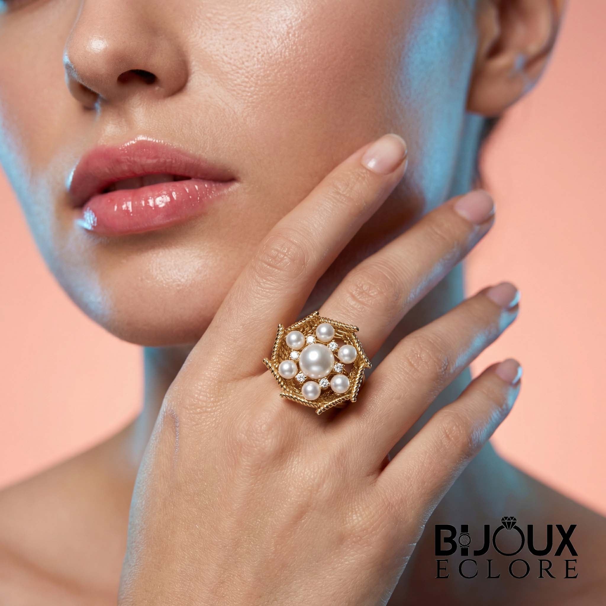 Premium Gold Leaf Pearl Cocktail Ring with Brilliant Diamond Accents Timeless Luxury Jewelry for Women - Bijoux Eclore