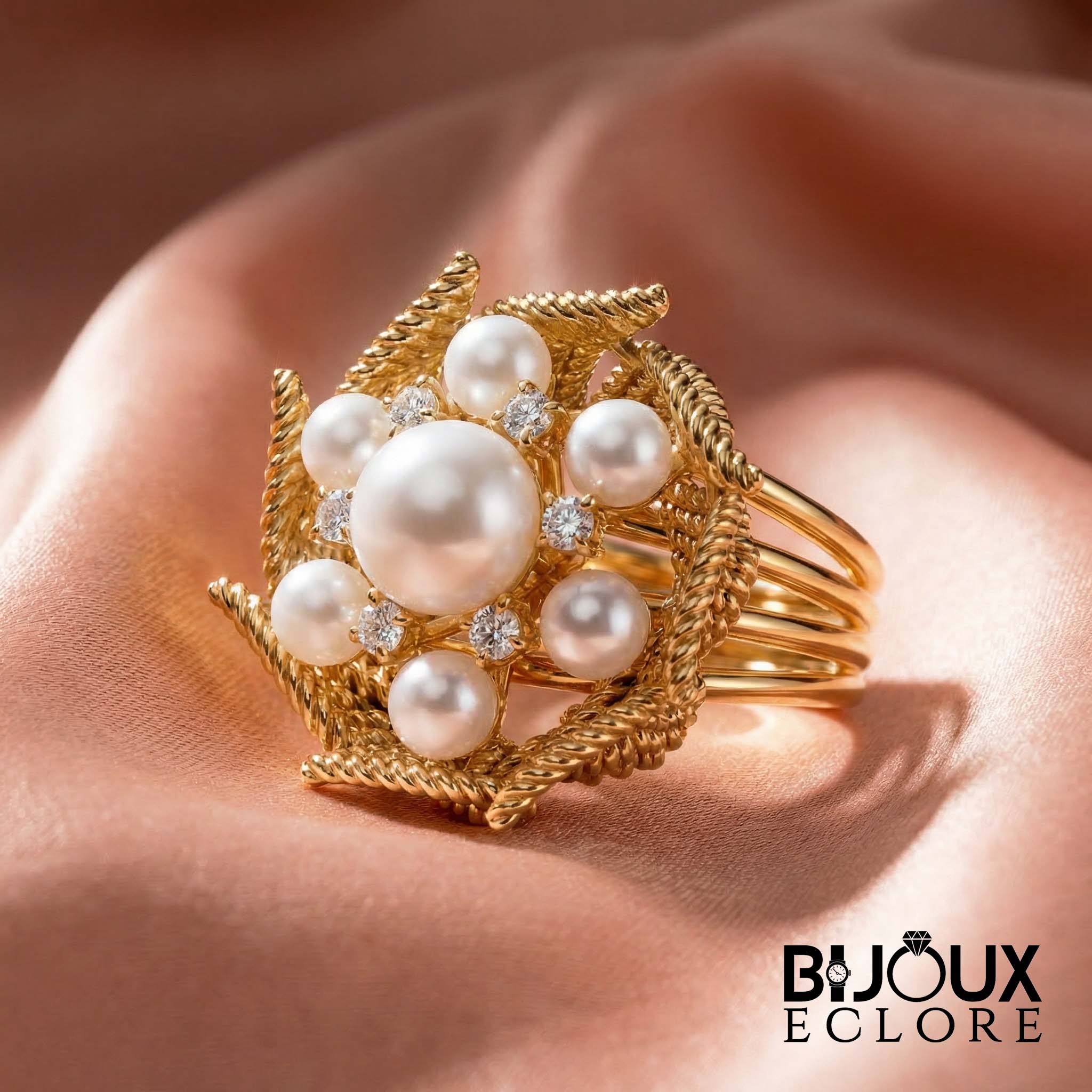 Premium Gold Leaf Pearl Cocktail Ring with Brilliant Diamond Accents Timeless Luxury Jewelry for Women - Bijoux Eclore