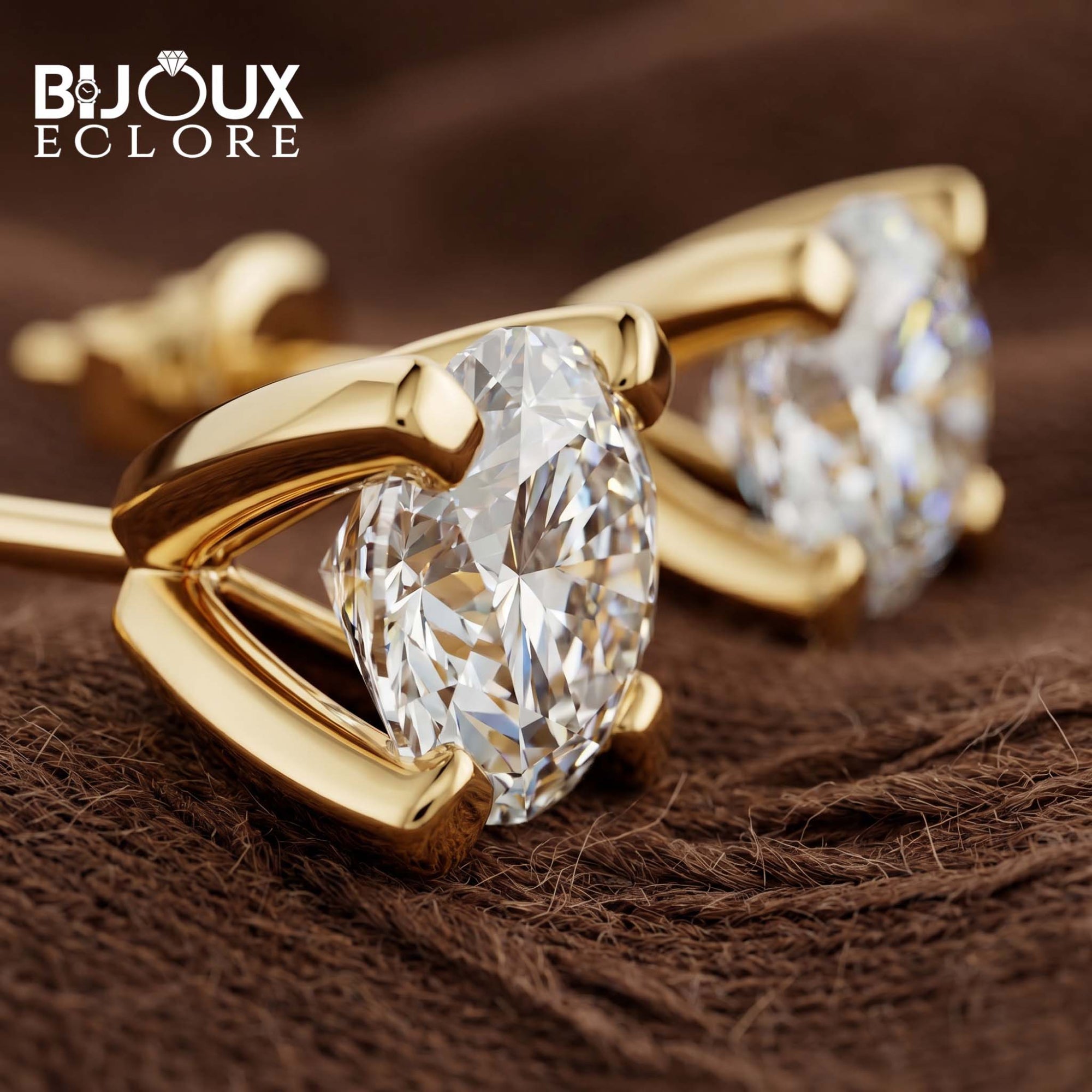 Luxury Round Diamond Solitaire Stud Earrings in Yellow Gold - Bijoux Eclore