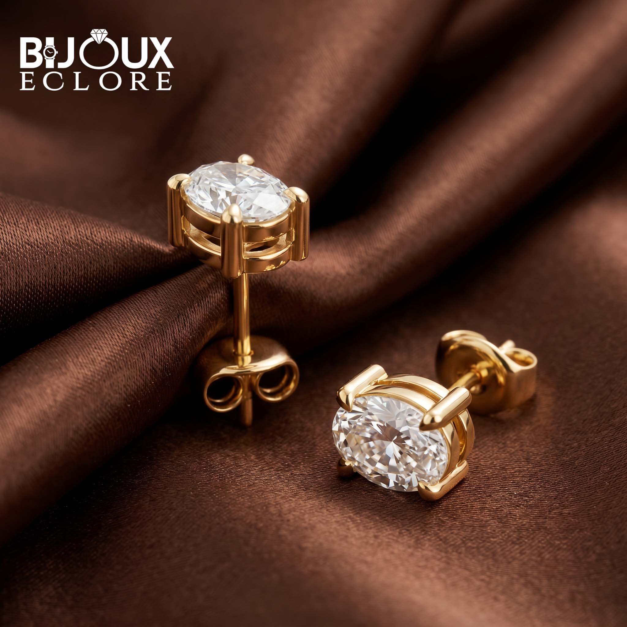 Luxury Oval Solitaire Earrings with Refined Gold Mounting - Bijoux Eclore