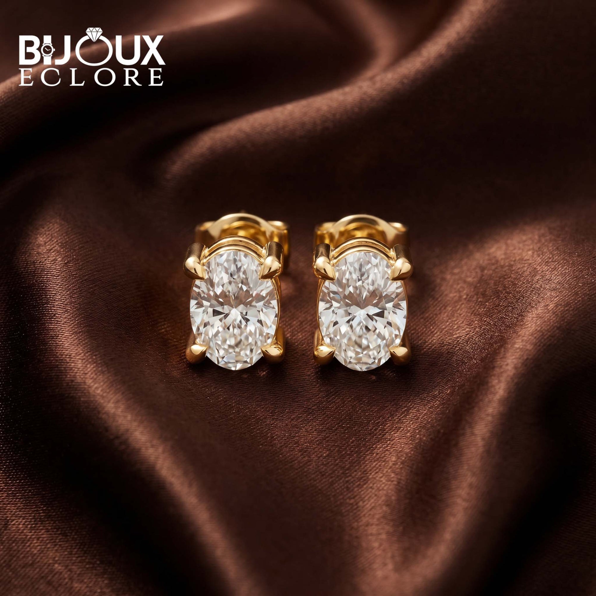 Luxury Oval Solitaire Earrings with Refined Gold Mounting - Bijoux Eclore