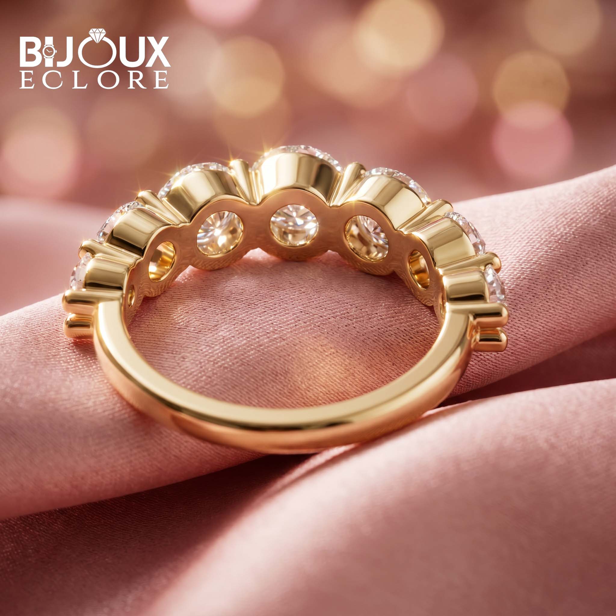 Elegant Shared-Prong Diamond Band with Gold Shank - Bijoux Eclore