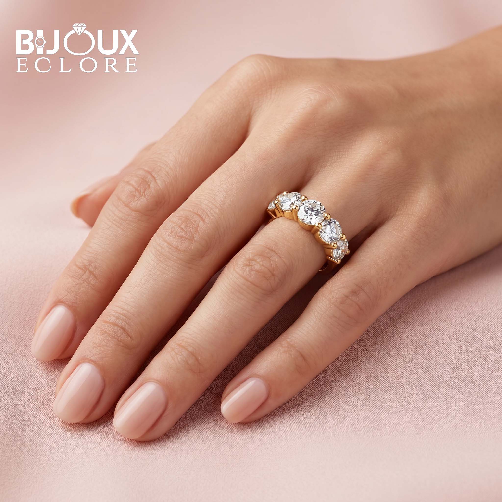 Elegant Shared-Prong Diamond Band with Gold Shank - Bijoux Eclore