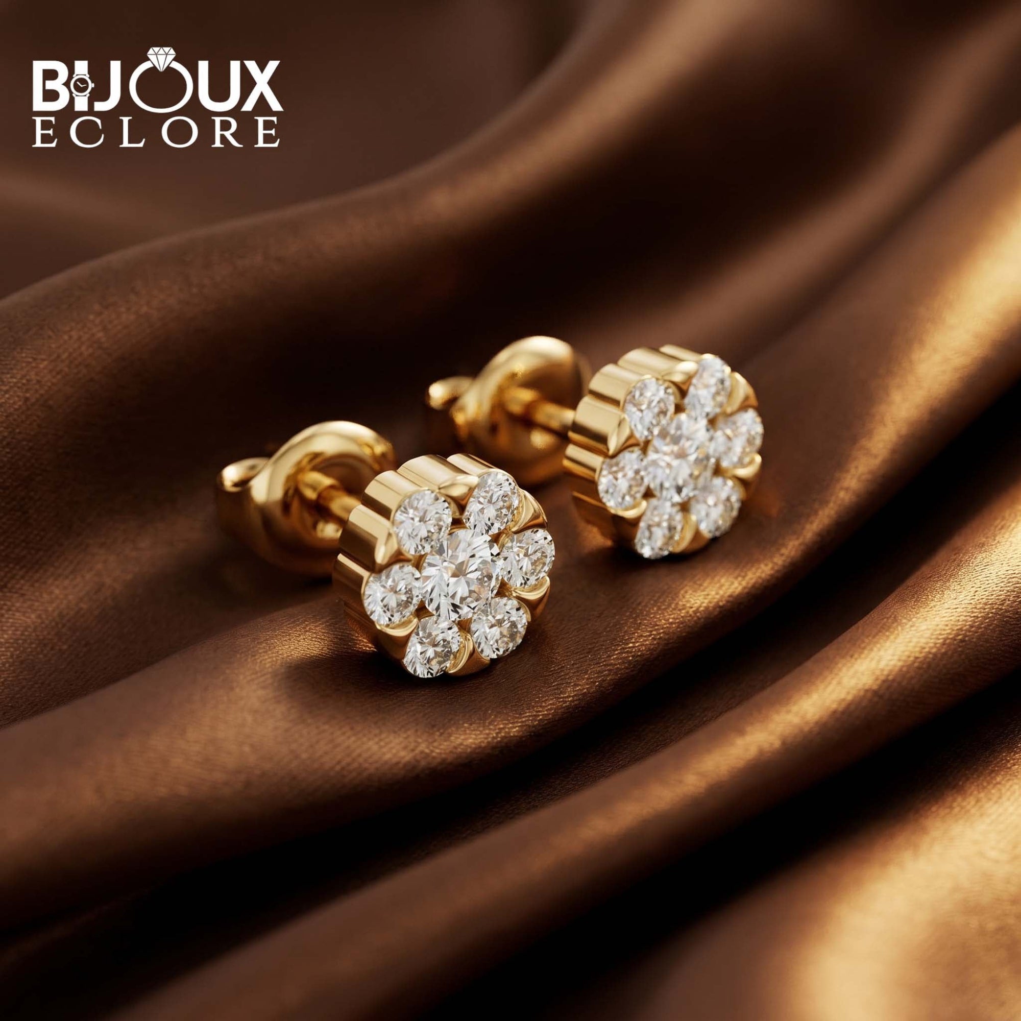 Luxury Round Diamond Cluster Stud Earrings in Yellow Gold - Bijoux Eclore