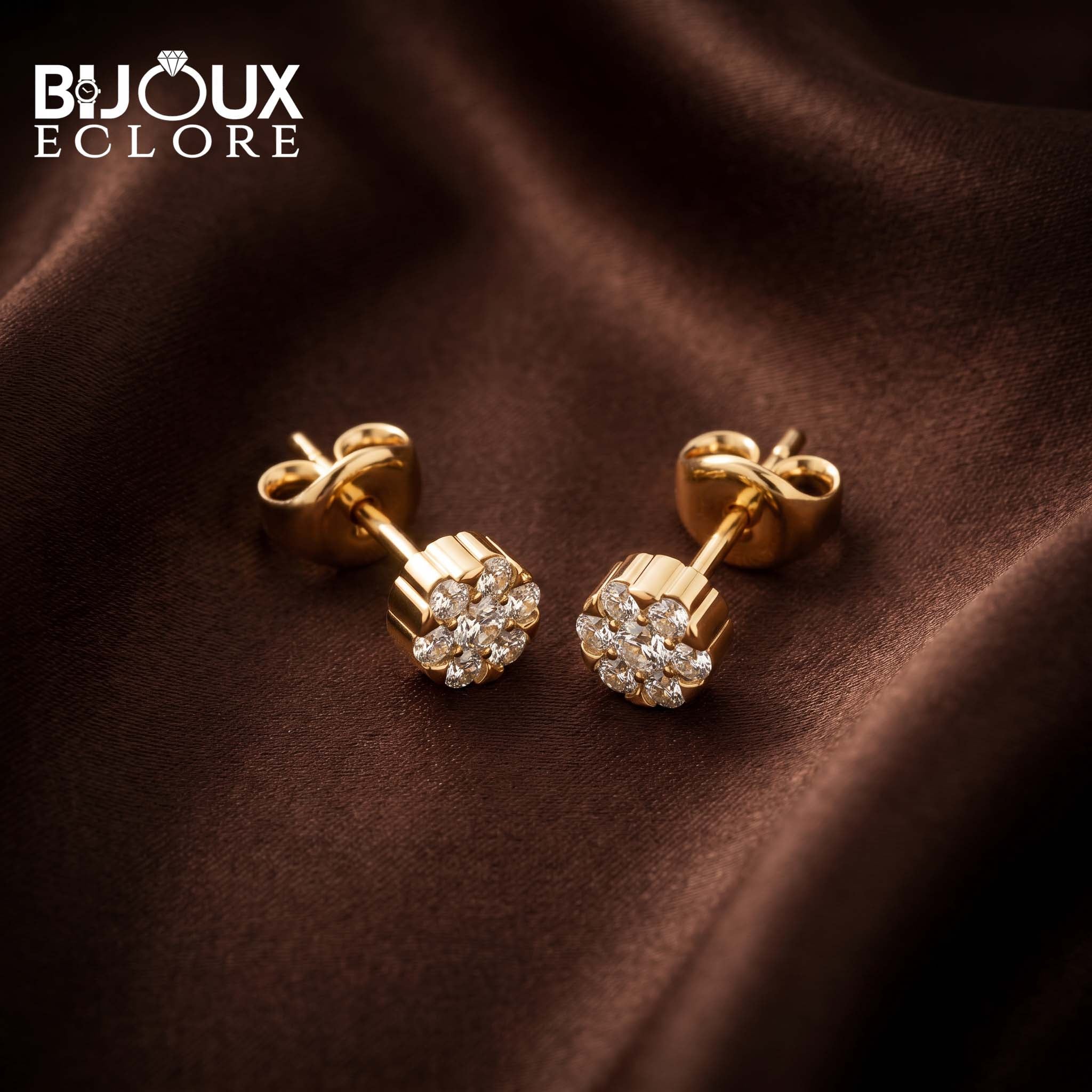 Luxury Round Diamond Cluster Stud Earrings in Yellow Gold - Bijoux Eclore