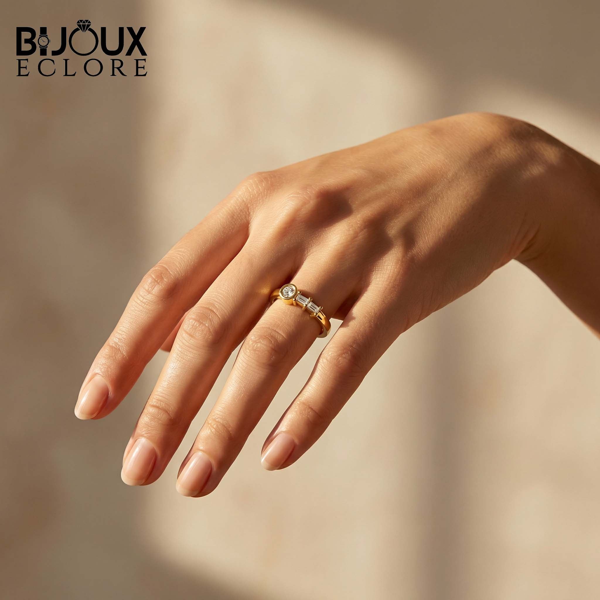 Sculptural Solid Gold Ring Showcasing a Radiant Round Centerpiece and a Parallel Duo of Precision-Cut Baguette Diamonds - Bijoux Eclore
