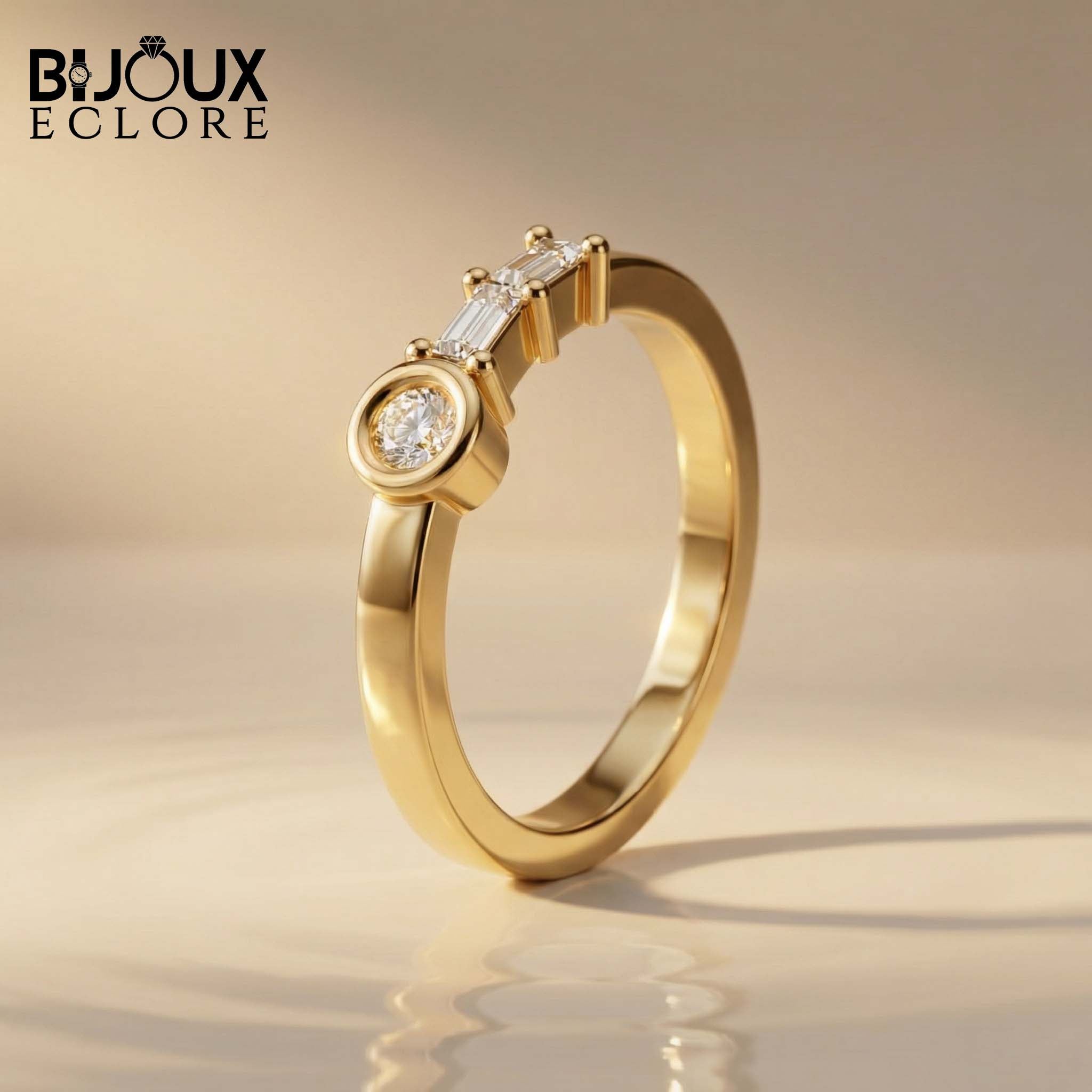 Sculptural Solid Gold Ring Showcasing a Radiant Round Centerpiece and a Parallel Duo of Precision-Cut Baguette Diamonds - Bijoux Eclore