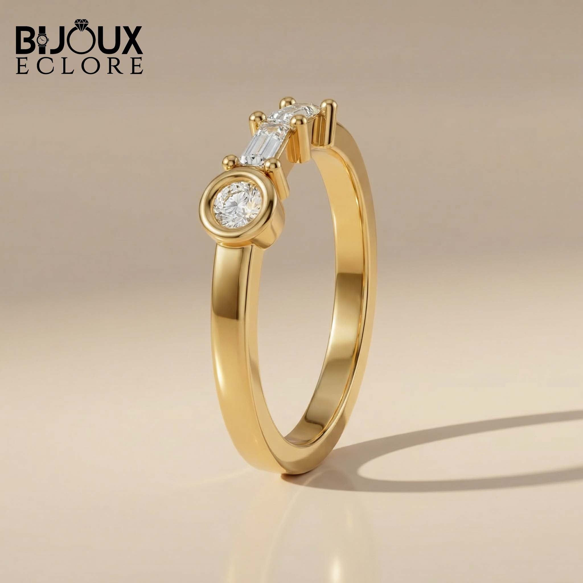 Sculptural Solid Gold Ring Showcasing a Radiant Round Centerpiece and a Parallel Duo of Precision-Cut Baguette Diamonds - Bijoux Eclore