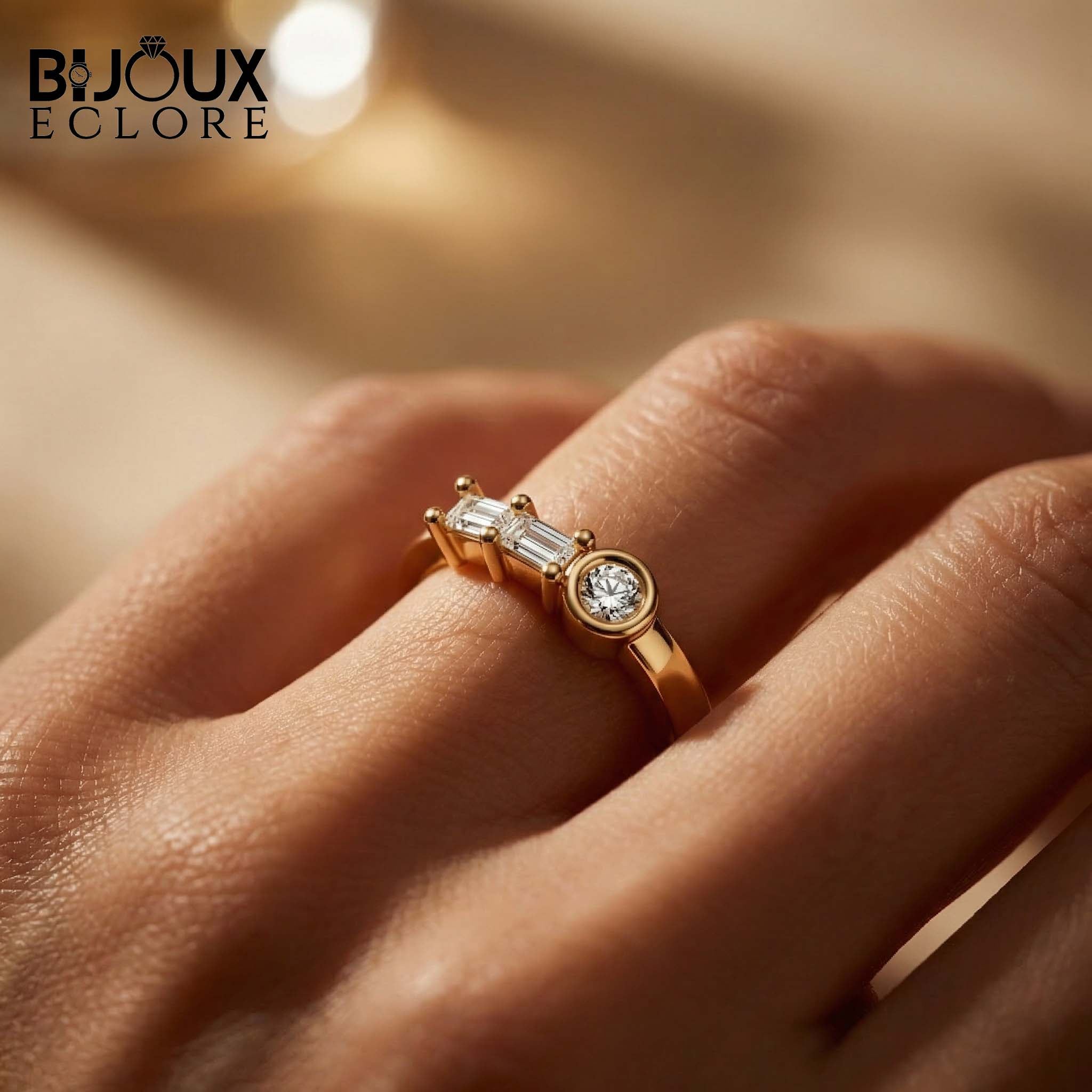 Sculptural Solid Gold Ring Showcasing a Radiant Round Centerpiece and a Parallel Duo of Precision-Cut Baguette Diamonds - Bijoux Eclore