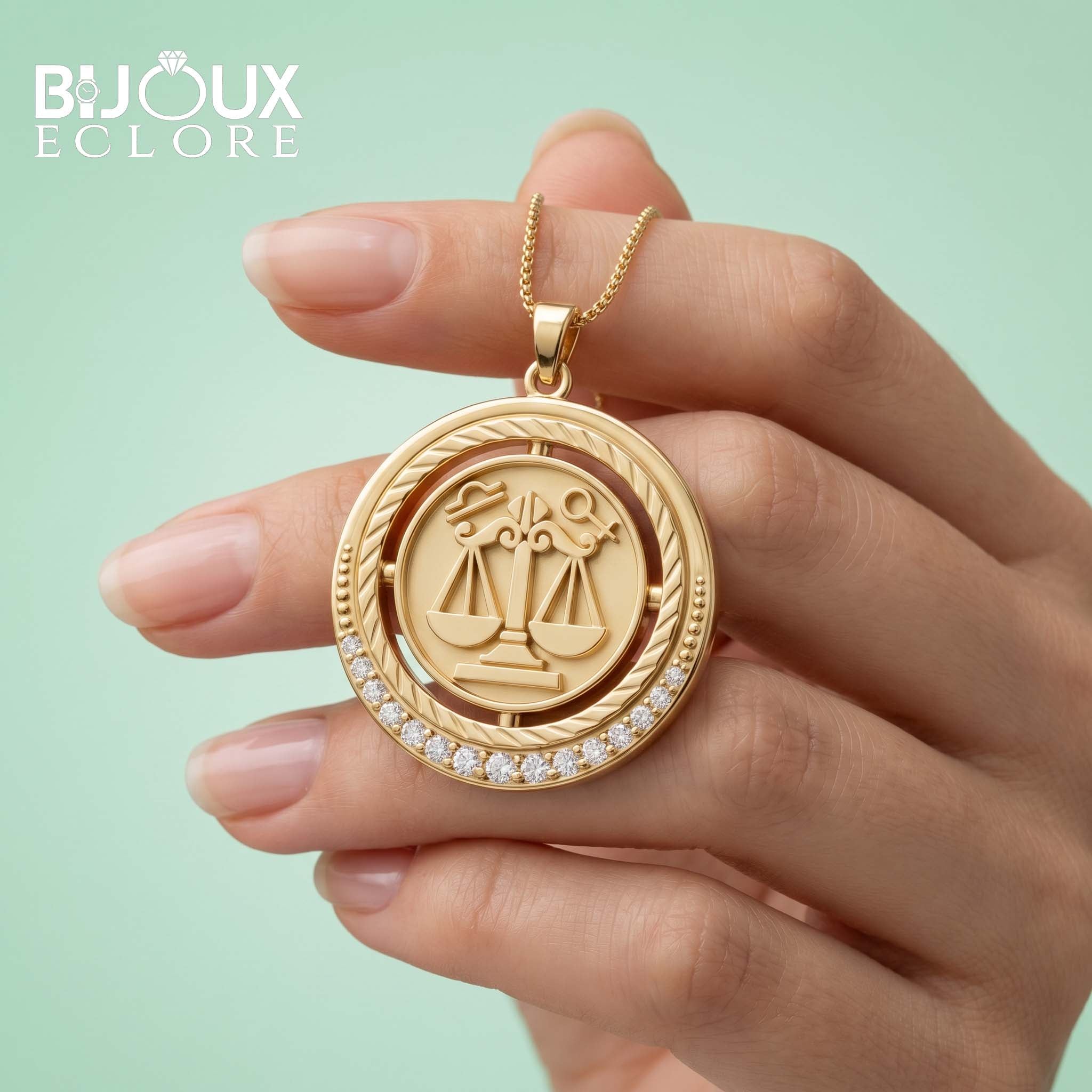 Gold Libra Zodiac Coin Pendant with Sparkling Diamond Rim - Bijoux Eclore