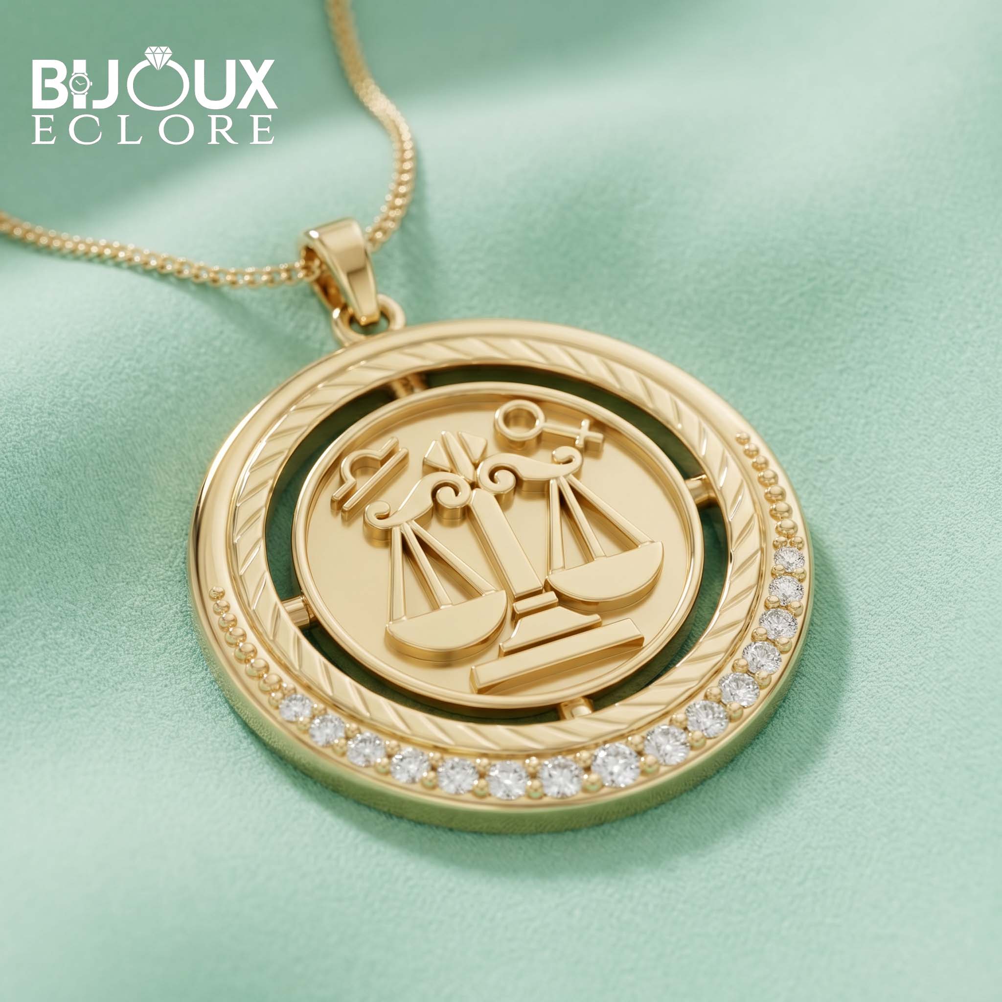 Gold Libra Zodiac Coin Pendant with Sparkling Diamond Rim - Bijoux Eclore
