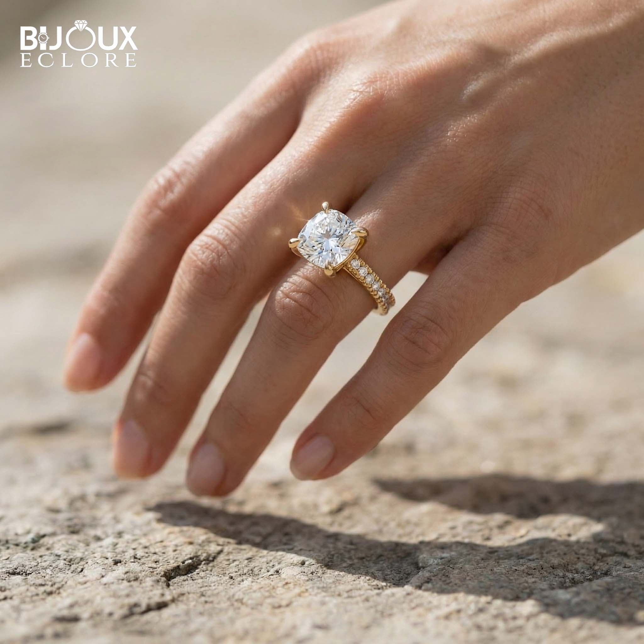 Cushion-Cut Diamond Engagement Ring with Sparkling Side Stones on a Classic Gold Band - Bijoux Eclore