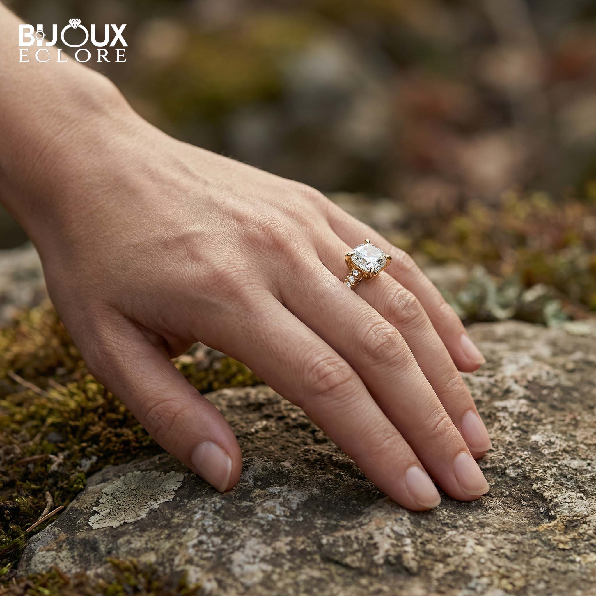 Cushion-Cut Diamond Engagement Ring with Sparkling Side Stones on a Classic Gold Band - Bijoux Eclore