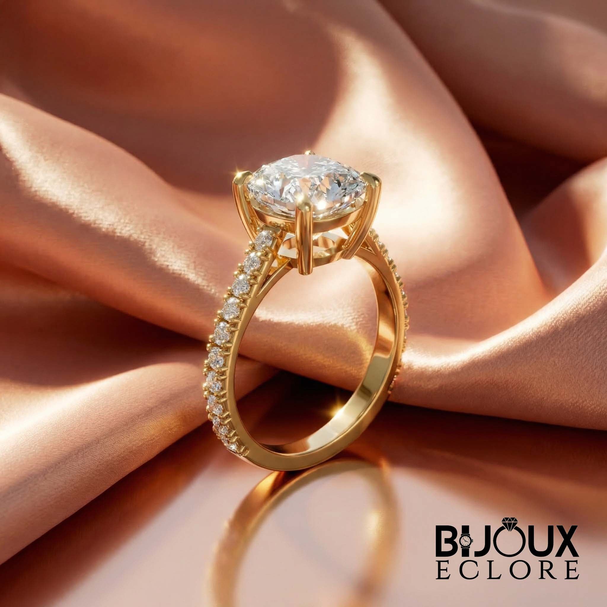 Luxury Cushion Cut Statement Engagement Ring with Gold Band and Brilliant Pave Set Side Stones - Bijoux Eclore