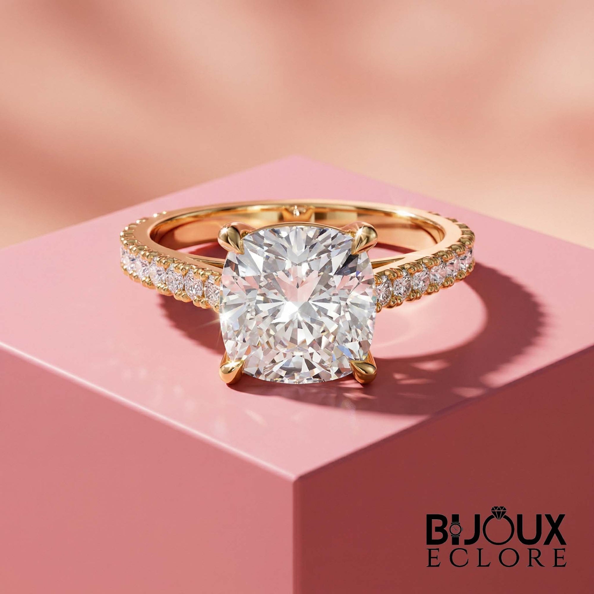 Luxury Cushion Cut Statement Engagement Ring with Gold Band and Brilliant Pave Set Side Stones - Bijoux Eclore