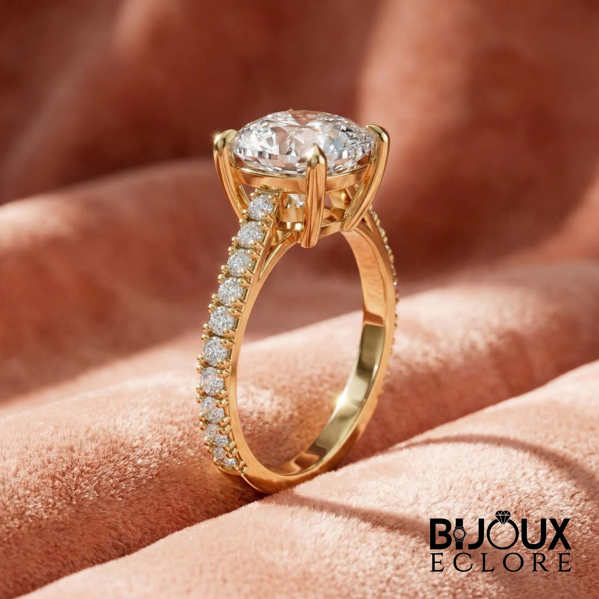 Luxury Cushion Cut Statement Engagement Ring with Gold Band and Brilliant Pave Set Side Stones - Bijoux Eclore