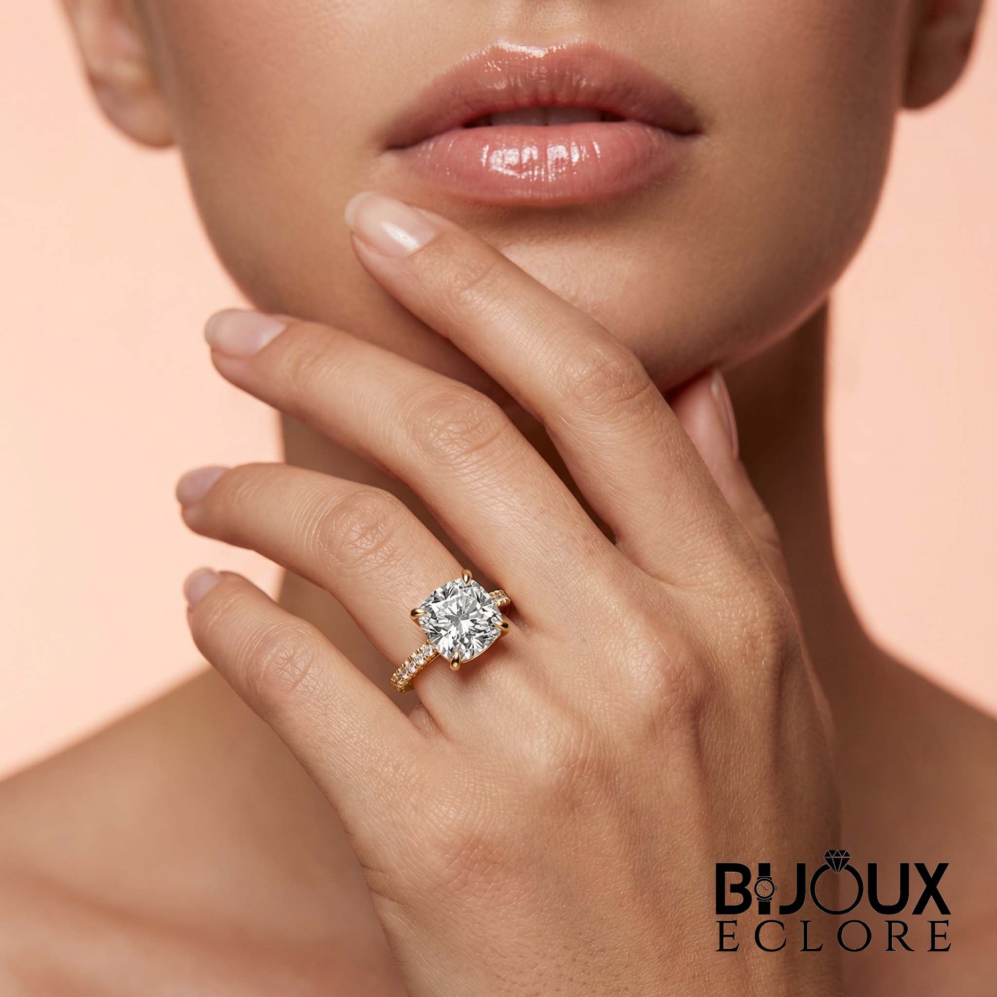 Luxury Cushion Cut Statement Engagement Ring with Gold Band and Brilliant Pave Set Side Stones - Bijoux Eclore