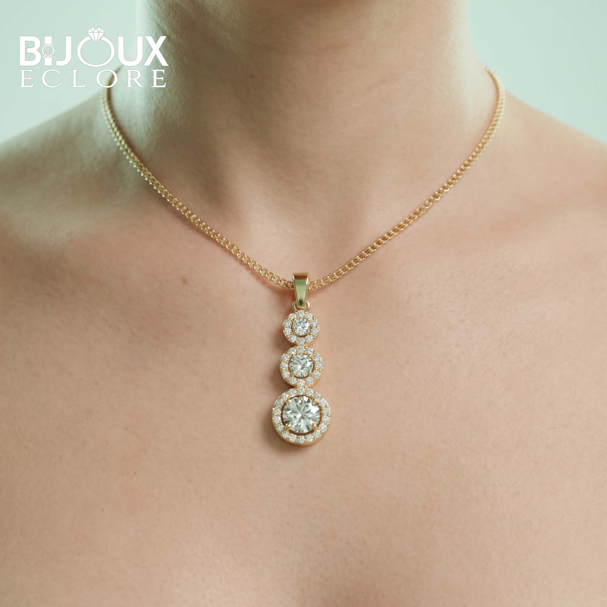 Celeste Royale Triple Halo Diamond Pendant Necklace in Polished Gold - Bijoux Eclore