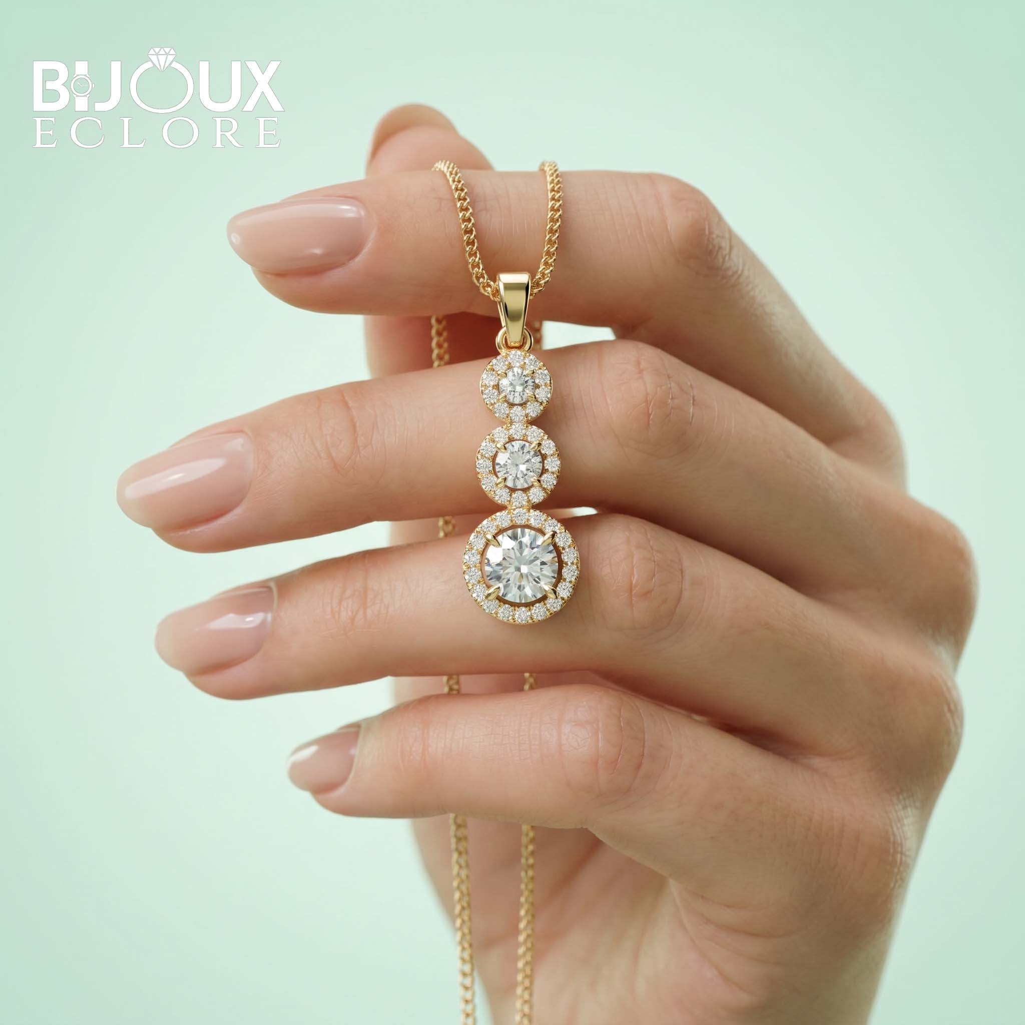 Celeste Royale Triple Halo Diamond Pendant Necklace in Polished Gold - Bijoux Eclore