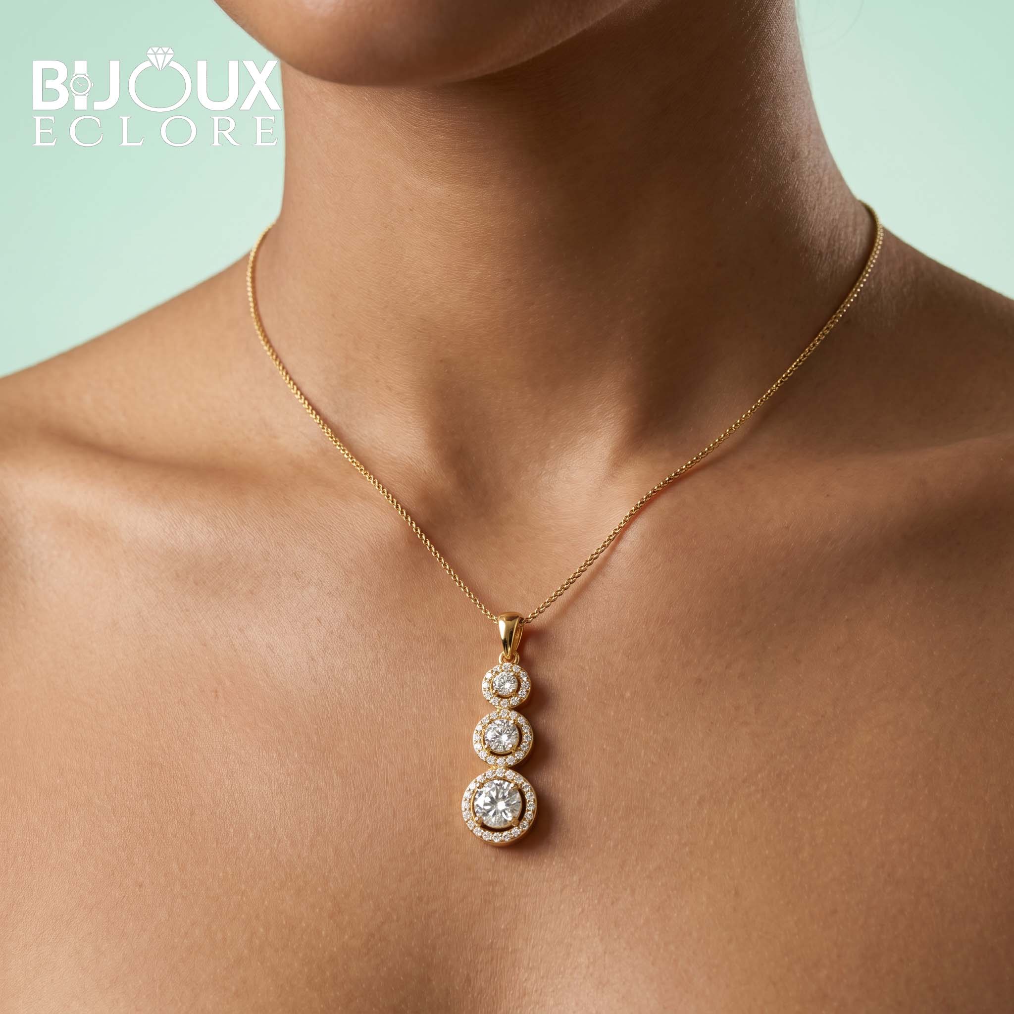 Celeste Royale Triple Halo Diamond Pendant Necklace in Polished Gold - Bijoux Eclore