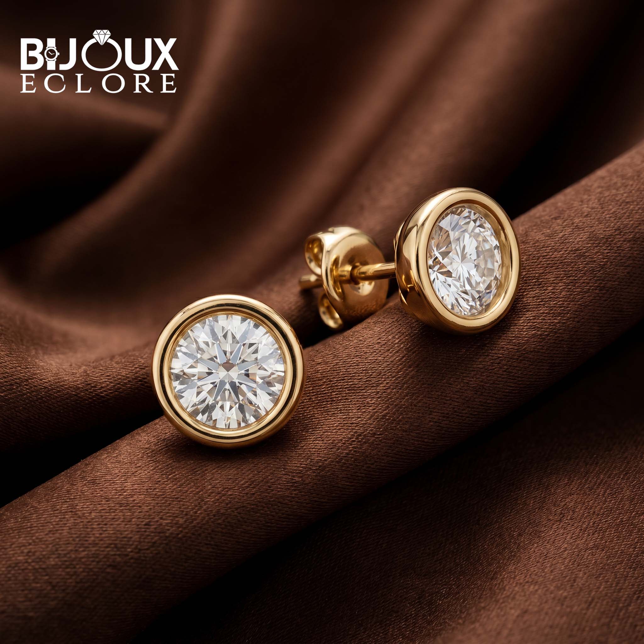 Elegant Gold Framed Diamond Stud Earrings with Brilliant Solitaire Sparkle - Bijoux Eclore