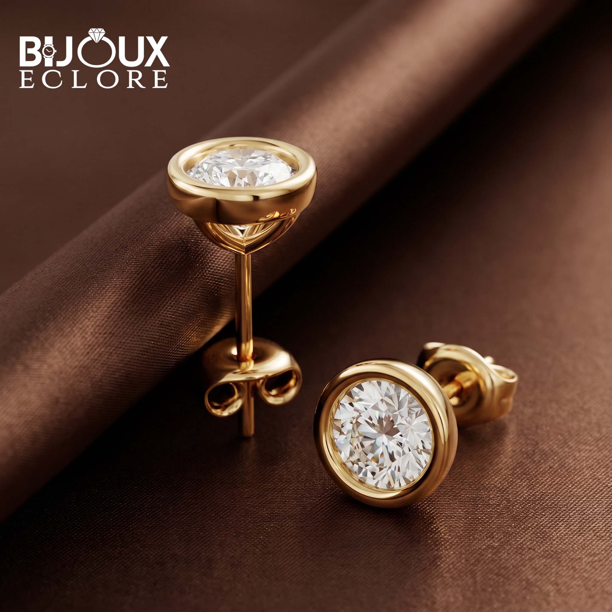 Elegant Gold Framed Diamond Stud Earrings with Brilliant Solitaire Sparkle - Bijoux Eclore
