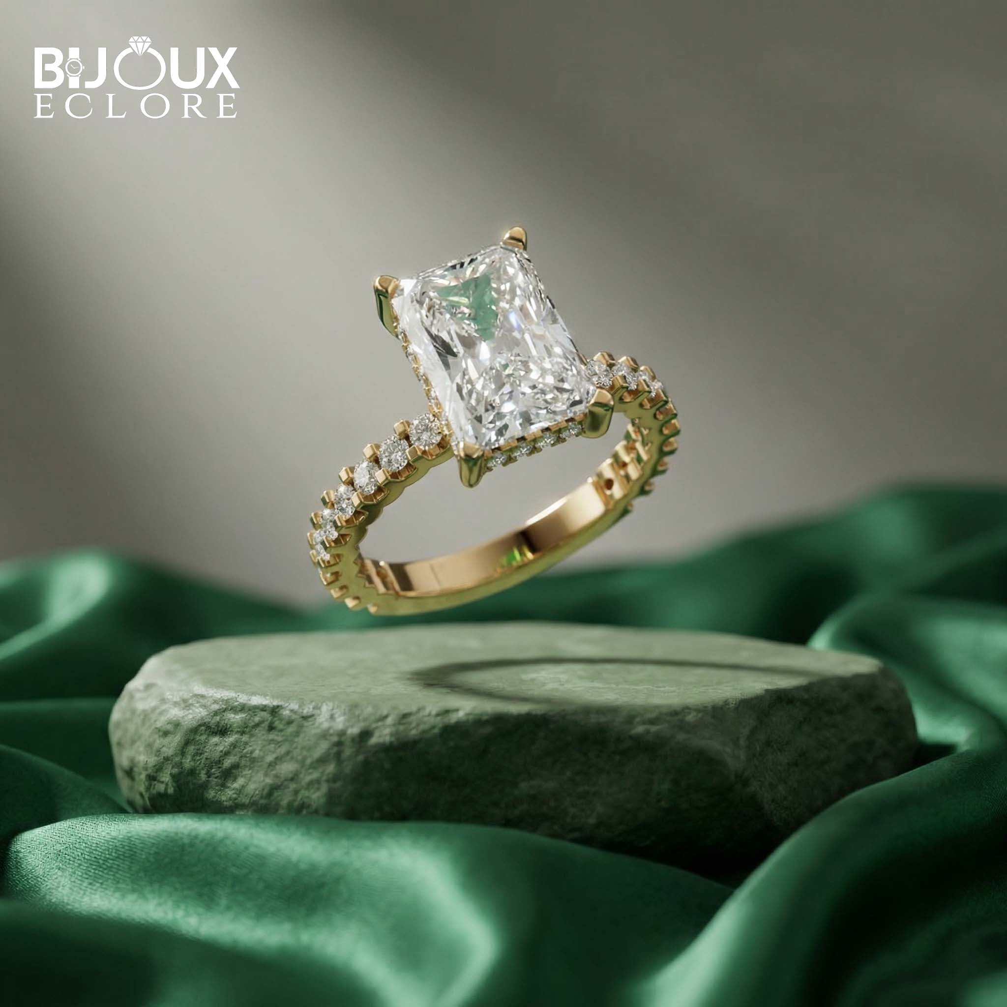 legant Contemporary Gold Engagement Ring with Radiant Solitaire and Diamond Pavé Detailing - Bijoux Eclore