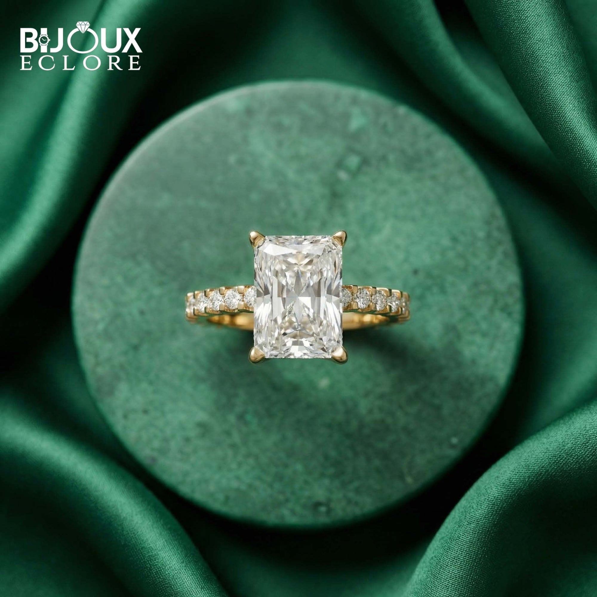 legant Contemporary Gold Engagement Ring with Radiant Solitaire and Diamond Pavé Detailing - Bijoux Eclore