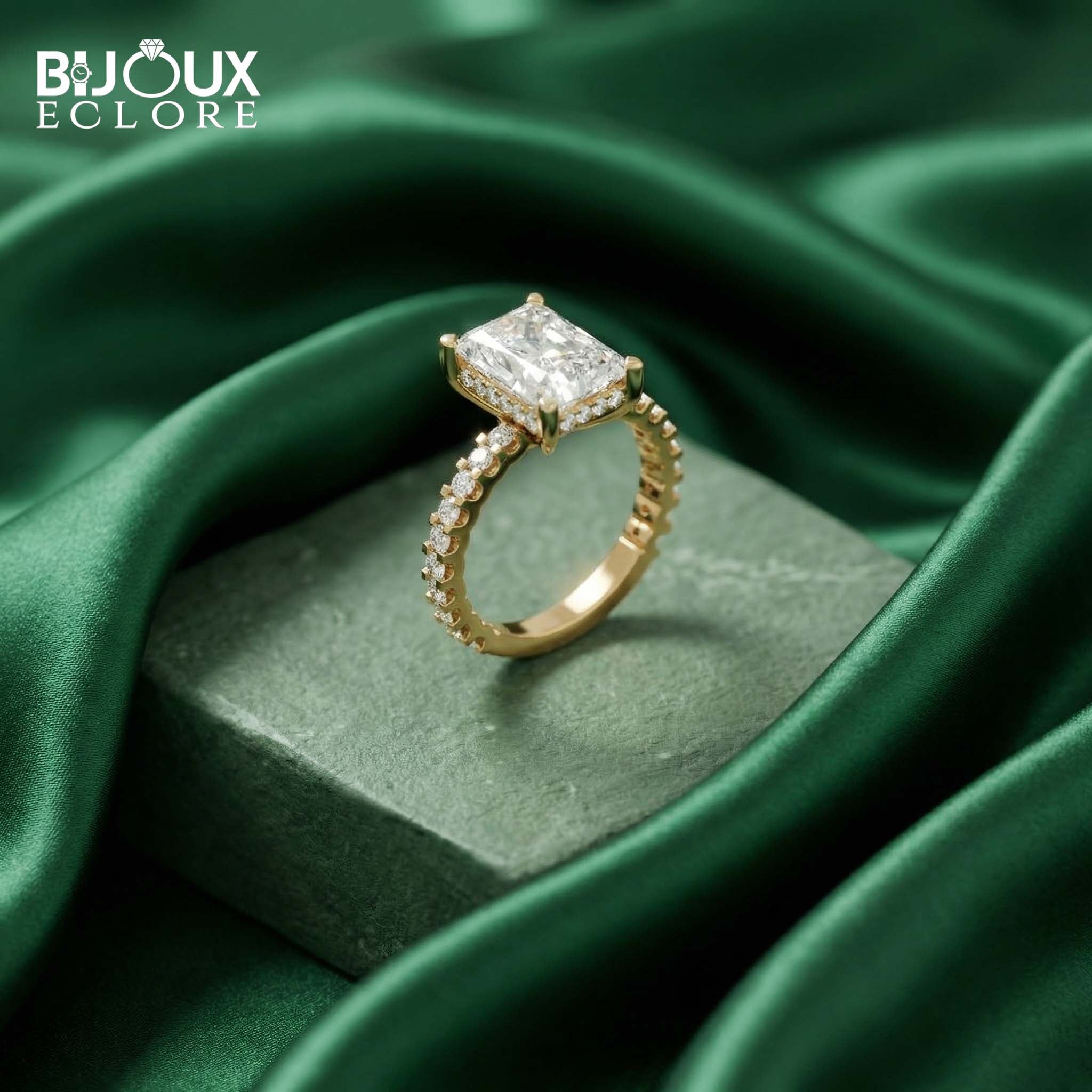 legant Contemporary Gold Engagement Ring with Radiant Solitaire and Diamond Pavé Detailing - Bijoux Eclore
