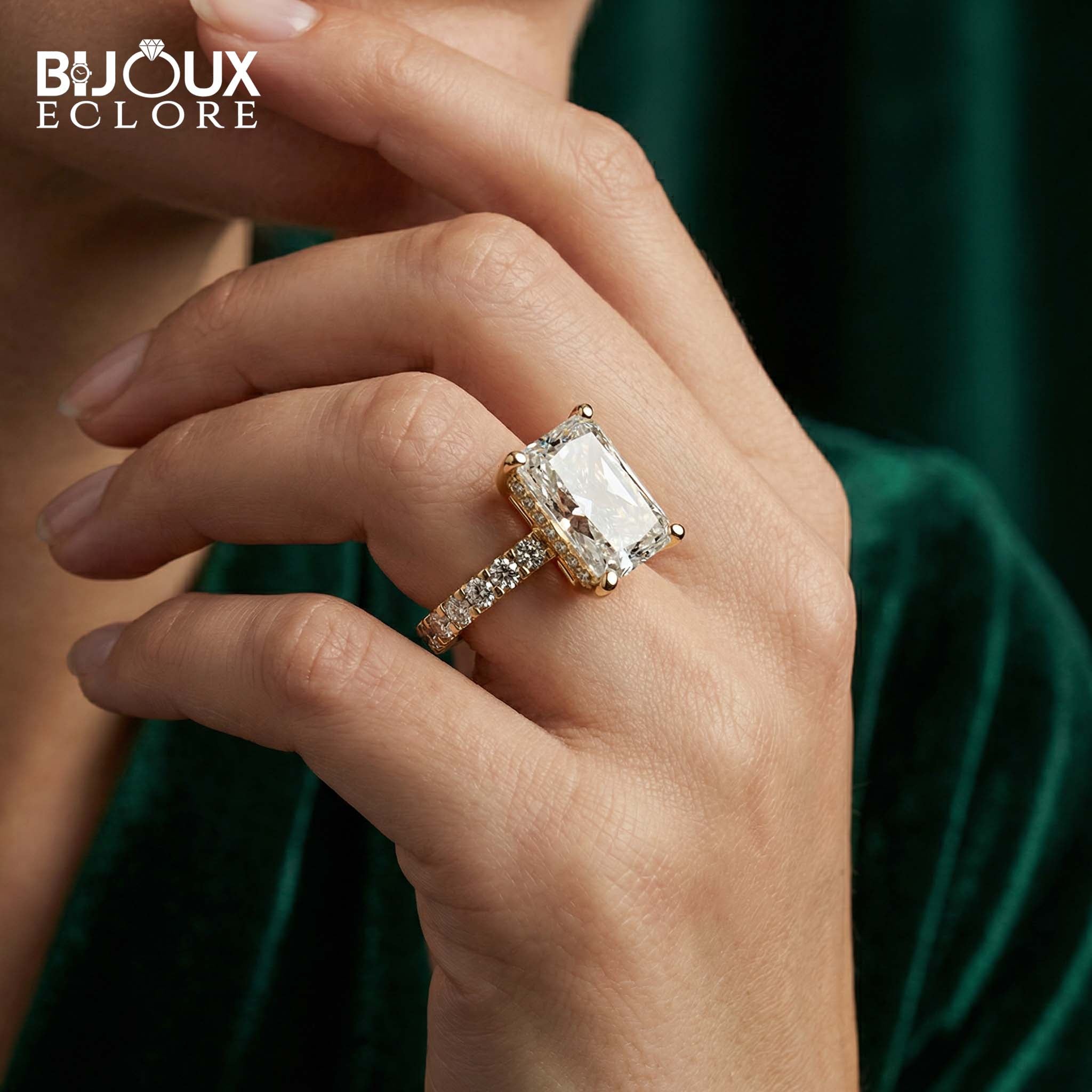 legant Contemporary Gold Engagement Ring with Radiant Solitaire and Diamond Pavé Detailing - Bijoux Eclore