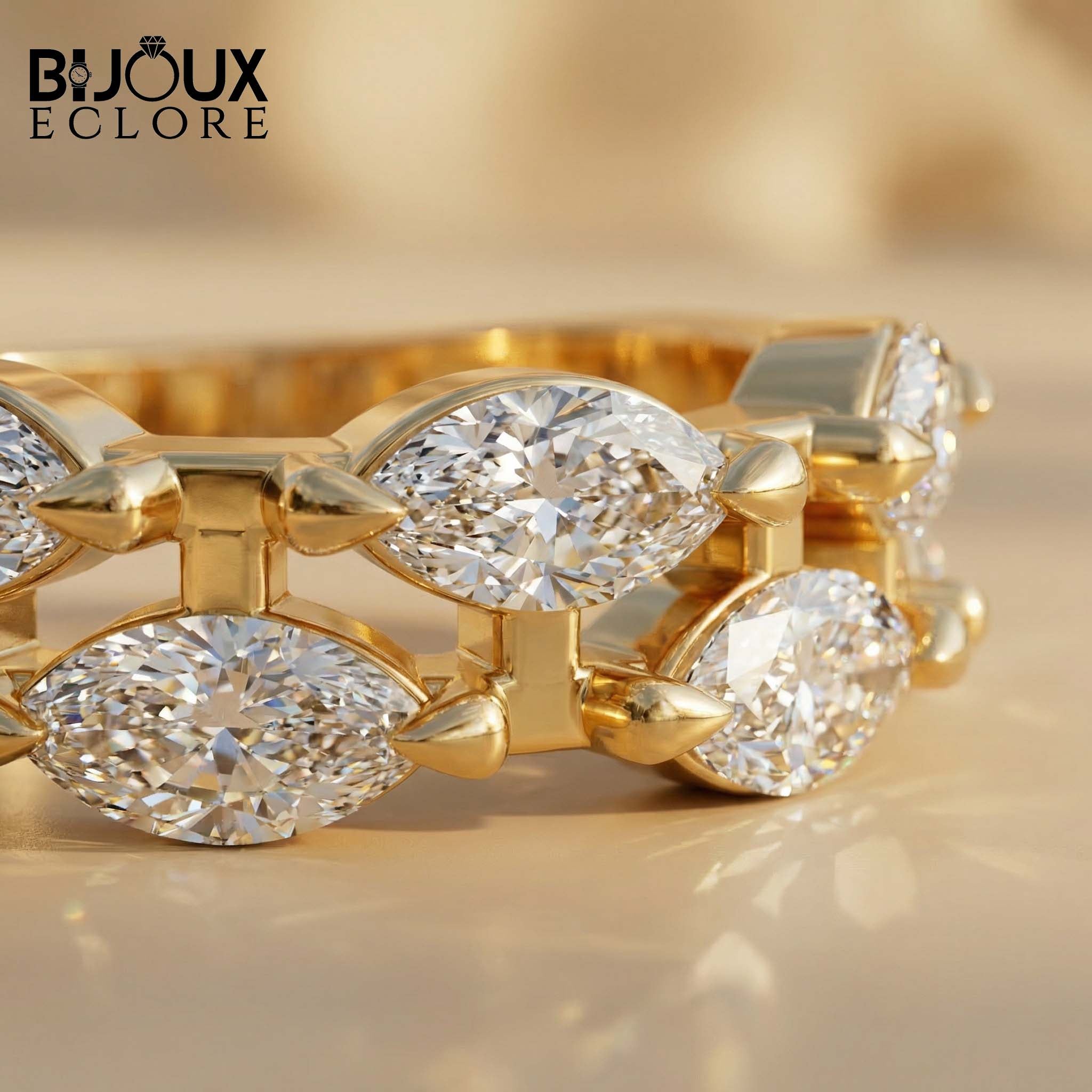 Avant-Garde Double-Stacked Ring Showcasing Parallel Rows of Precision-Cut Diamonds Held by Sculptural Golden Prongs - Bijoux Eclore