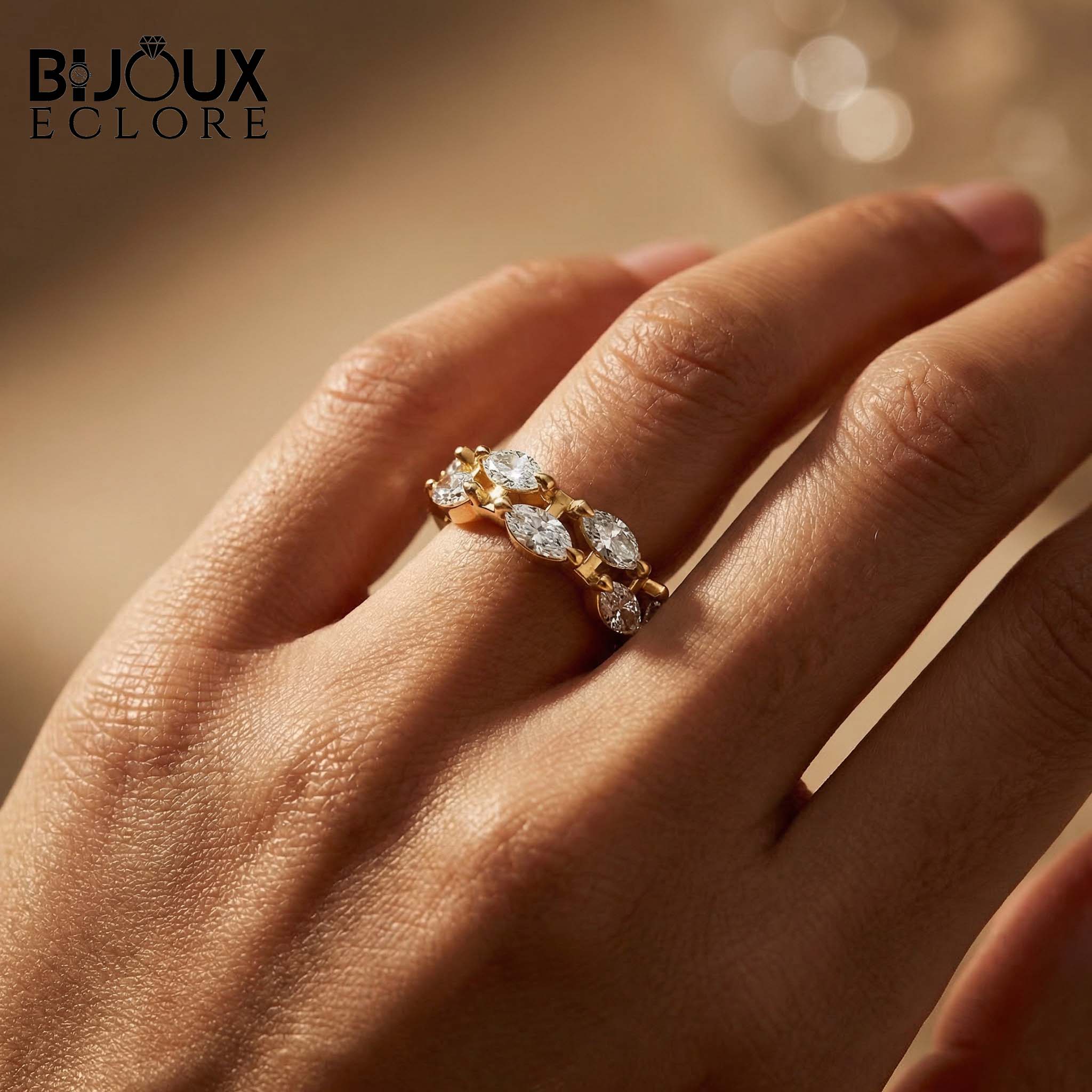 Avant-Garde Double-Stacked Ring Showcasing Parallel Rows of Precision-Cut Diamonds Held by Sculptural Golden Prongs - Bijoux Eclore
