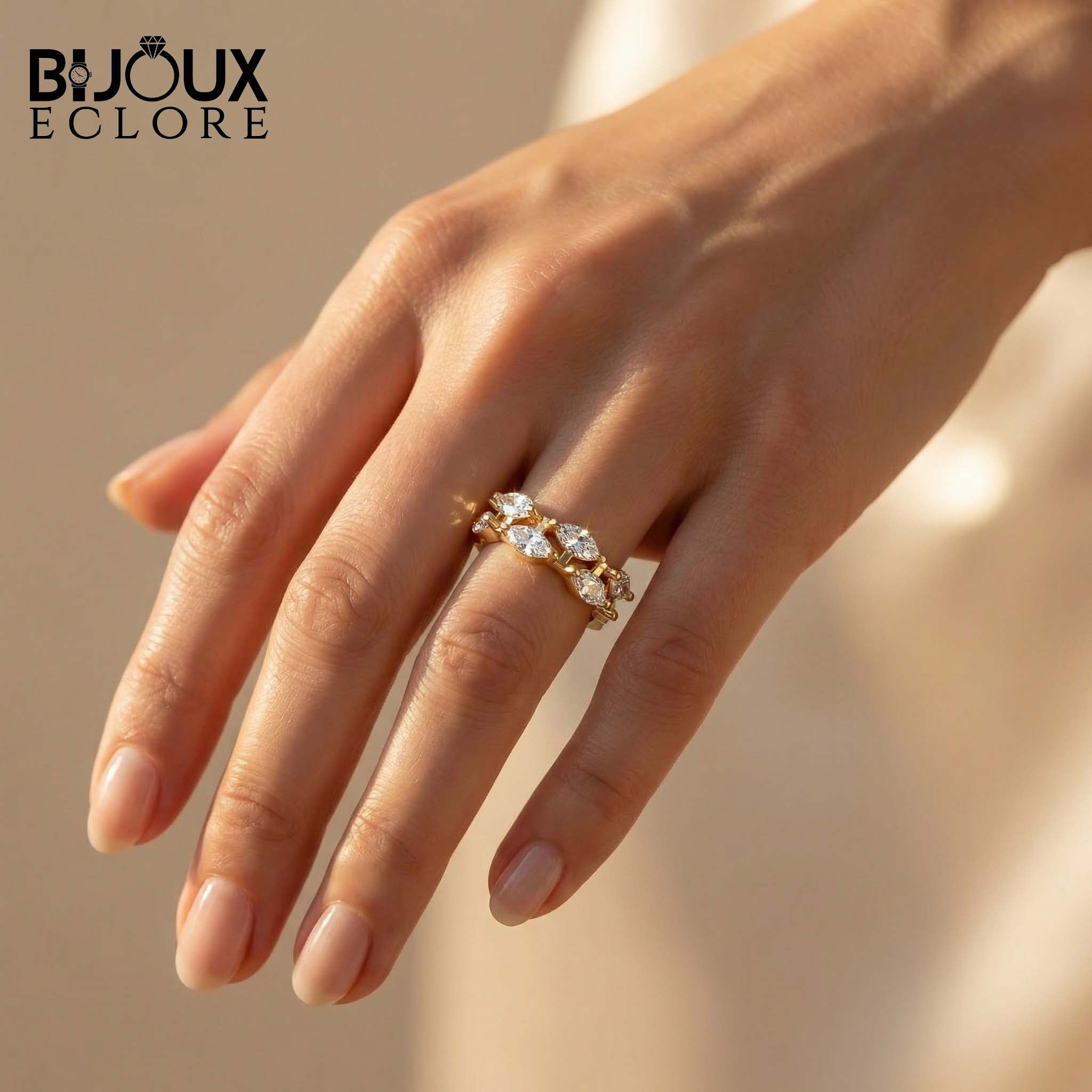 Avant-Garde Double-Stacked Ring Showcasing Parallel Rows of Precision-Cut Diamonds Held by Sculptural Golden Prongs - Bijoux Eclore