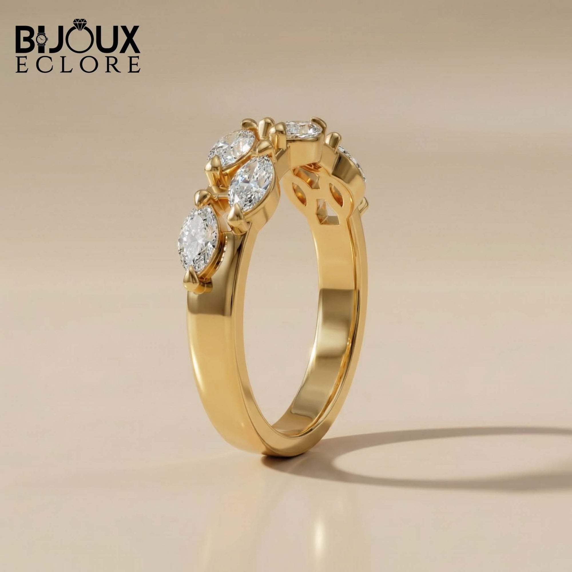 Avant-Garde Double-Stacked Ring Showcasing Parallel Rows of Precision-Cut Diamonds Held by Sculptural Golden Prongs - Bijoux Eclore
