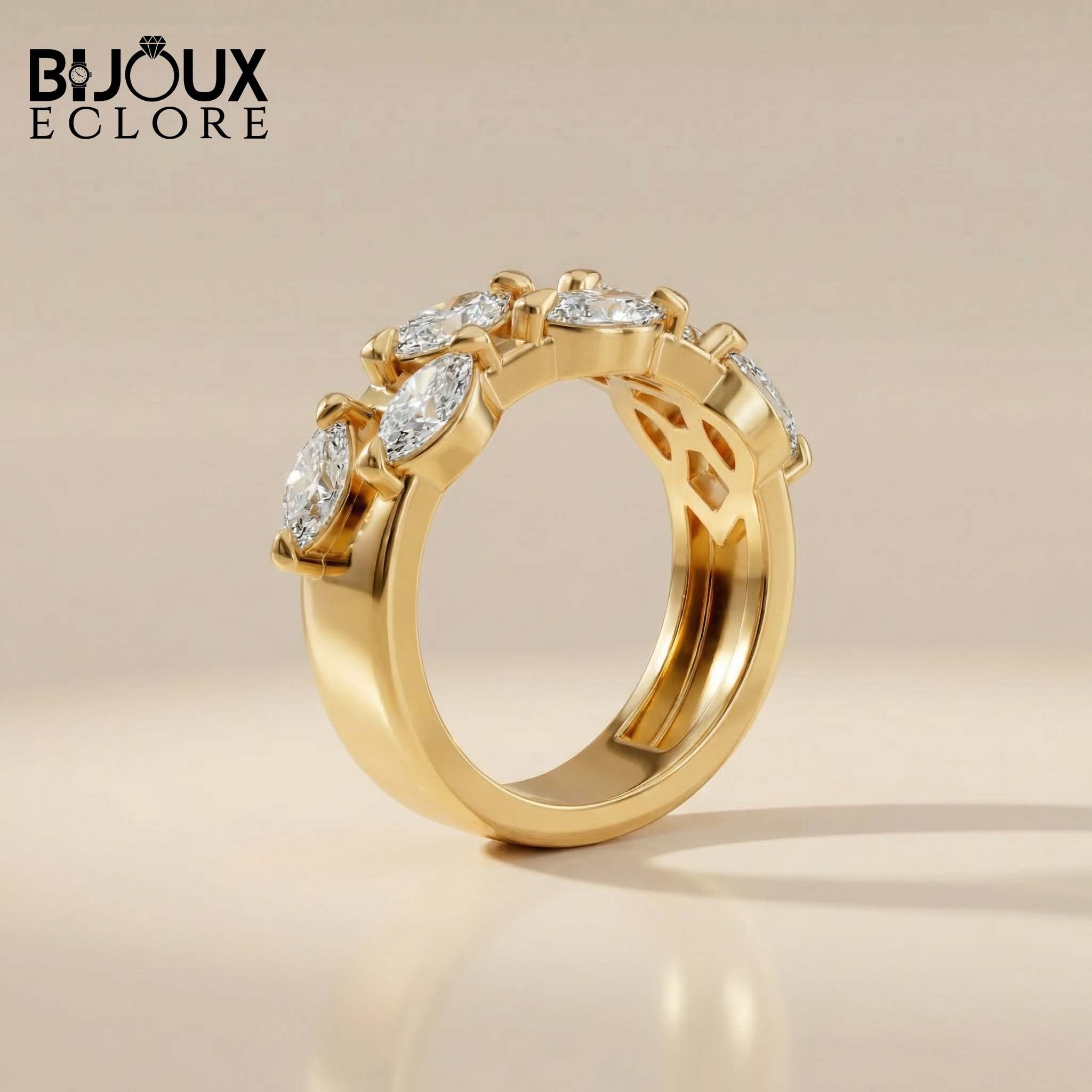 Avant-Garde Double-Stacked Ring Showcasing Parallel Rows of Precision-Cut Diamonds Held by Sculptural Golden Prongs - Bijoux Eclore