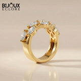 Avant-Garde Double-Stacked Ring Showcasing Parallel Rows of Precision-Cut Diamonds Held by Sculptural Golden Prongs - Bijoux Eclore