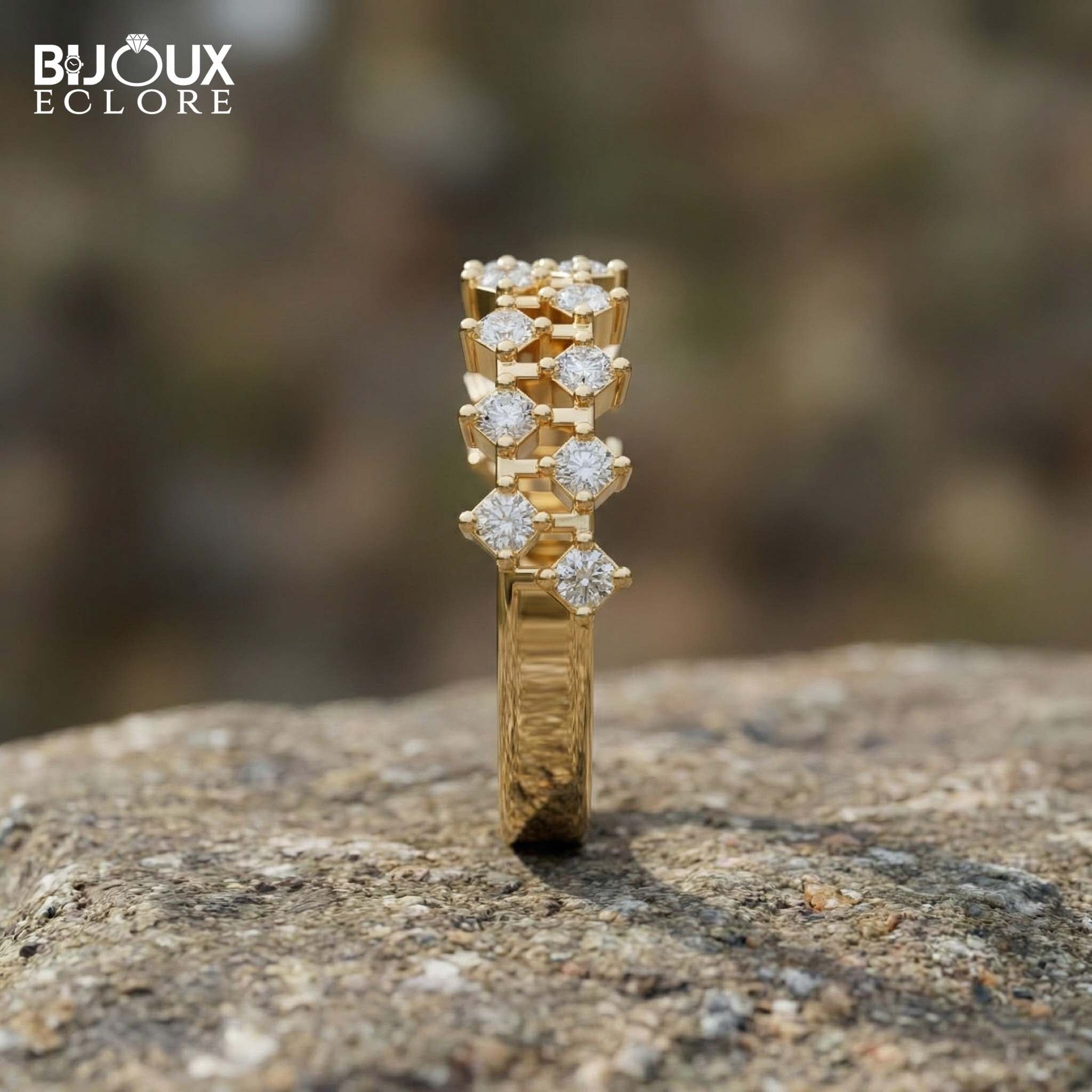 Diamond Band Featuring a Geometric Design with Sparkling Stones Set in Lustrous Yellow Gold - Bijoux Eclore