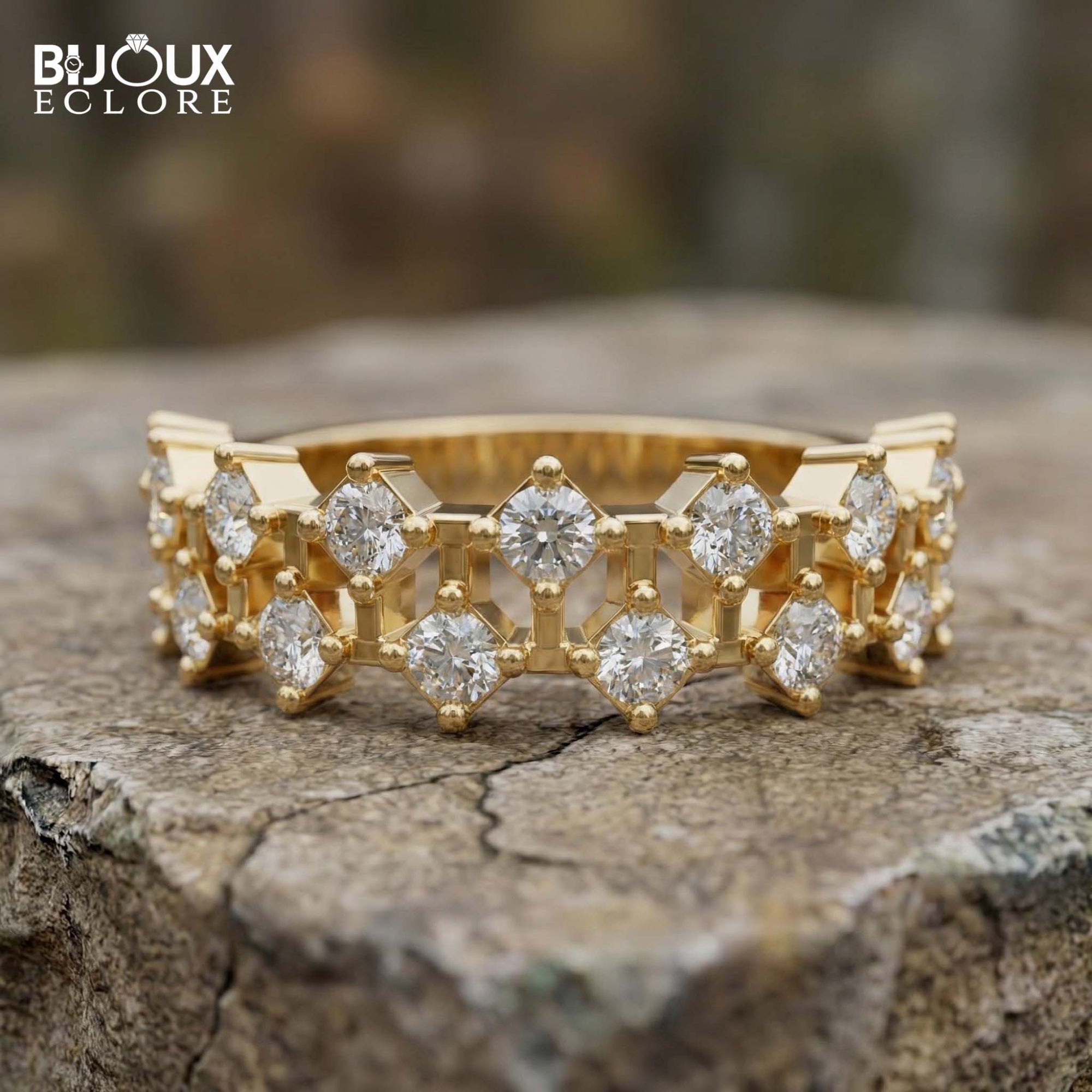 Diamond Band Featuring a Geometric Design with Sparkling Stones Set in Lustrous Yellow Gold - Bijoux Eclore