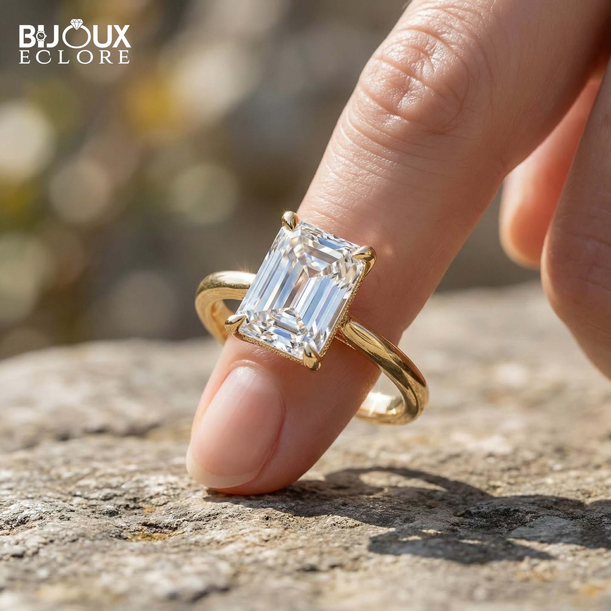 Emerald-Cut Diamond Set in a Classic Yellow Gold Band for a Refined and Elegant Look - Bijoux Eclore