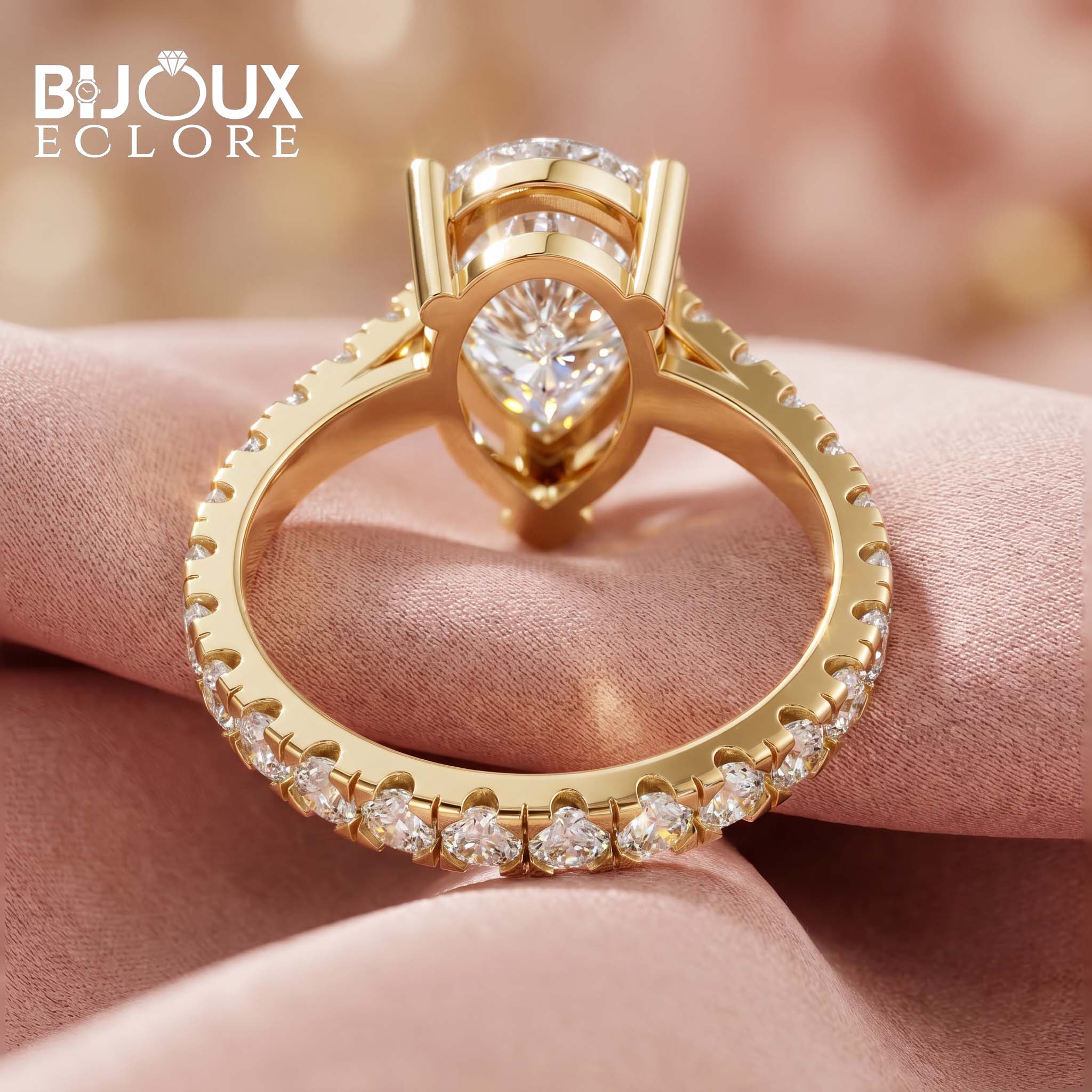 Pear-Shaped Diamond Statement Ring in Yellow Gold with Diamond Side Accents - Bijoux Eclore