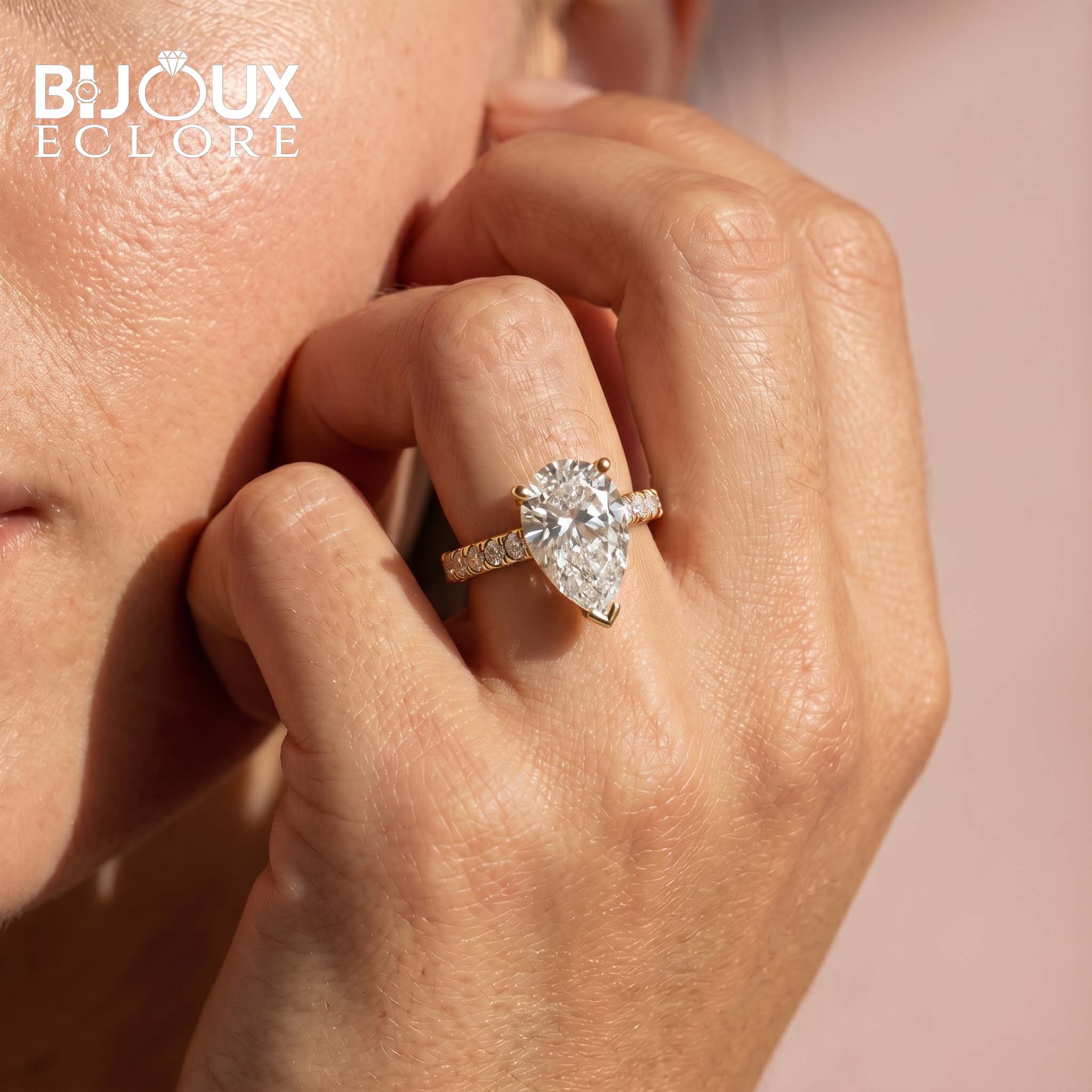 Pear-Shaped Diamond Statement Ring in Yellow Gold with Diamond Side Accents - Bijoux Eclore