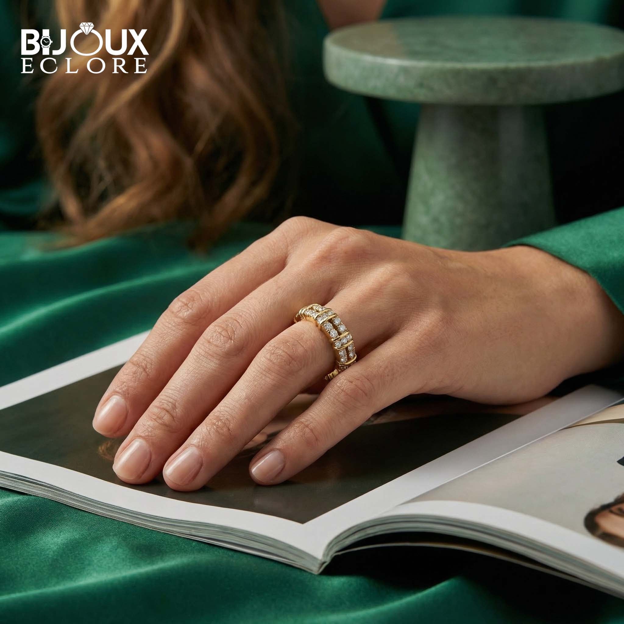 Sophisticated Statement Eternity Ring with Round Diamond Accents in Polished Gold - Bijoux Eclore